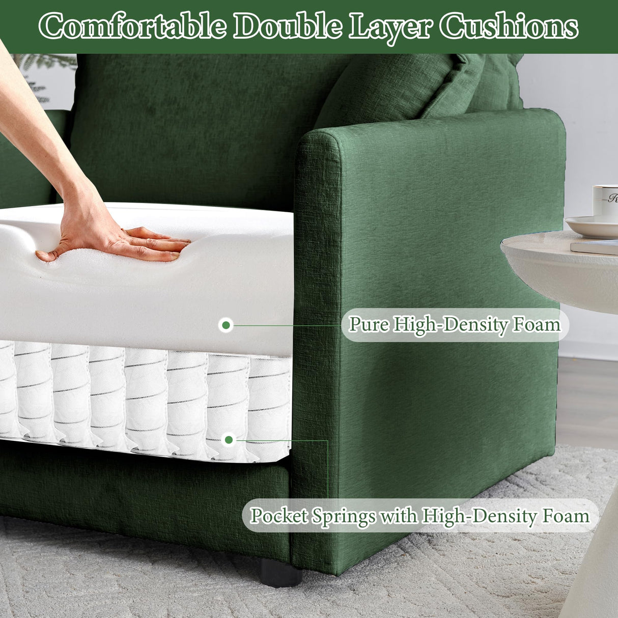 76.7" Deep Seat Sectional Cloud Sofa with 2 Ottomans & Soft Pillows, Loveseat Modular Couch for Living Room, Apartment, Small Space, Dark Green Chenille Tmsan