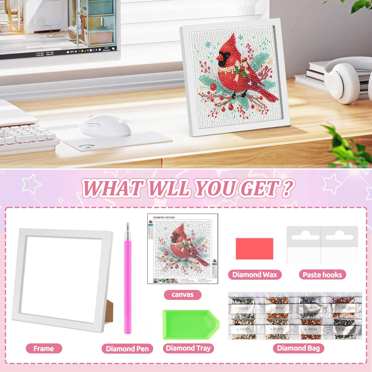 SENQAO Cardinal Diamond Art Kits for Kids with Frame, Christmas Diamond Painting for Kids Ages 4-8-12, Easy Kids Gem Art Kit with Beautiful Package for Home Wall Decor(7.1x7.1inch) SENQAO