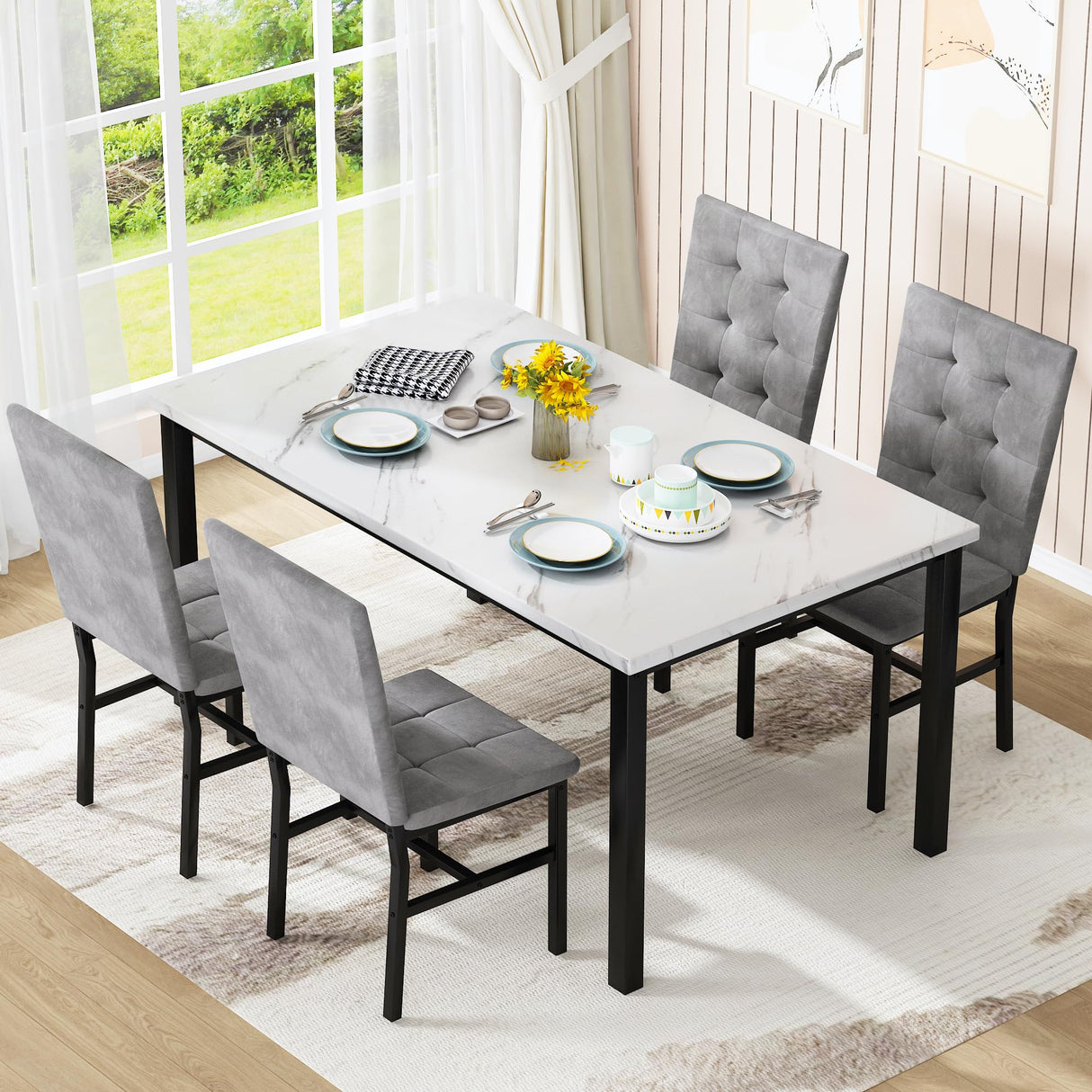 AWQM Dining Table Set for 4,Faux Marble Kitchen Table and Chairs Set of 4, Modern Dining Room Set for 4,Dinner Table Set with Velvet Chairs, Dining Set for Small Spaces,White & Grey AWQM