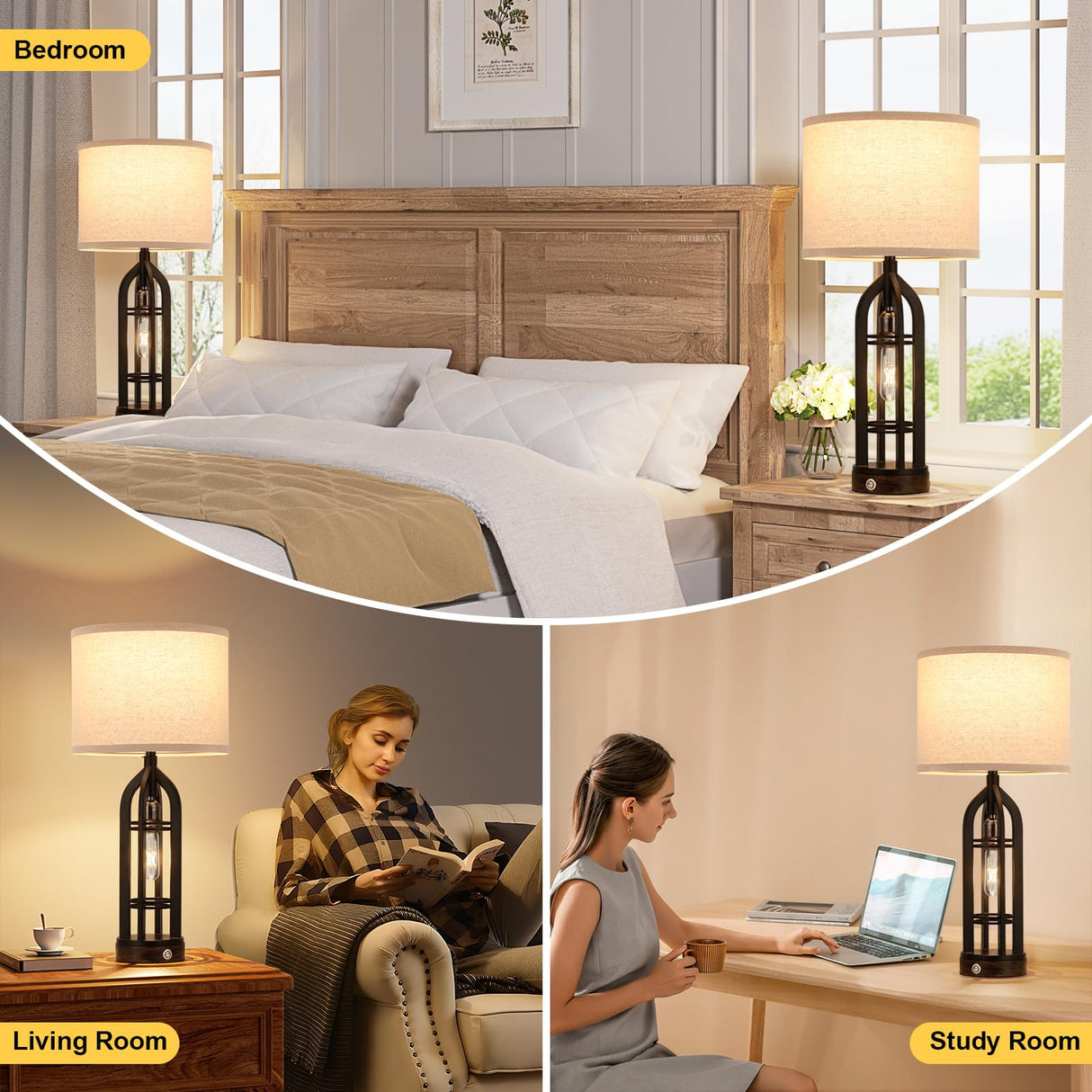 Table Lamp for Living Room - Lamps Set of 2 with USB C+A & Outlet, 3-Way Dimmable Farmhouse Lamps for Night Stands, Rustic Bedside Lamp for End Tables, Industrial Nightstand Lamps for Bedroom Seealle