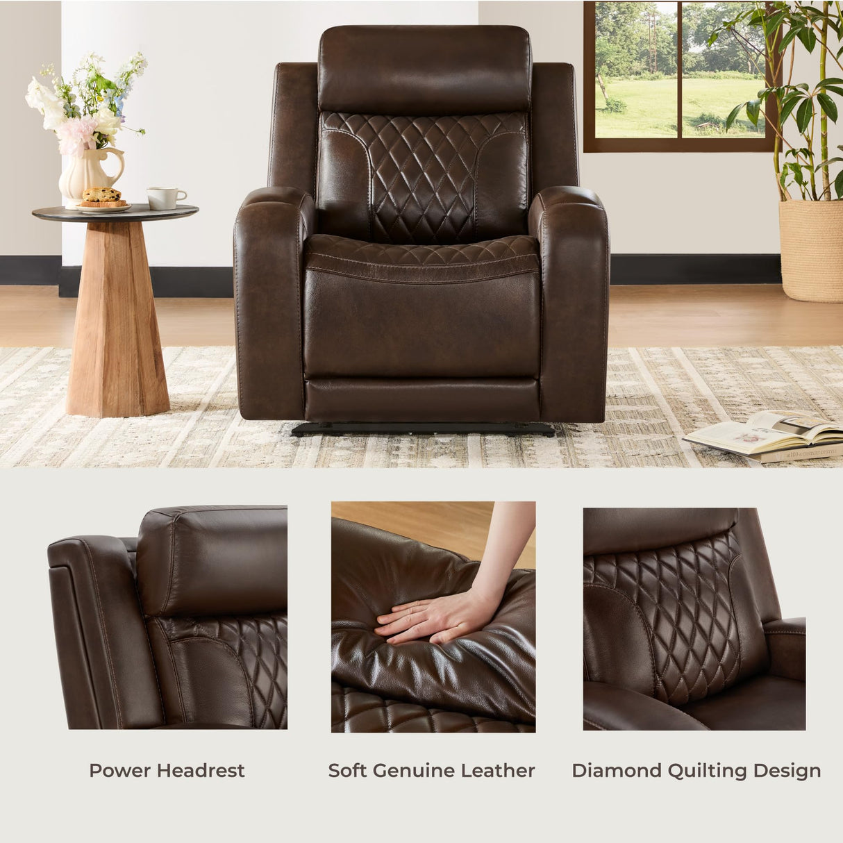 CHITA Genuine Leather Recliner Chair for Adults with Adjustable Power Headrest, Lay Flat Power Recliner with Slide-Out Cupholders & USB/Type-C Ports, Living Room Chair, Brown CHITA