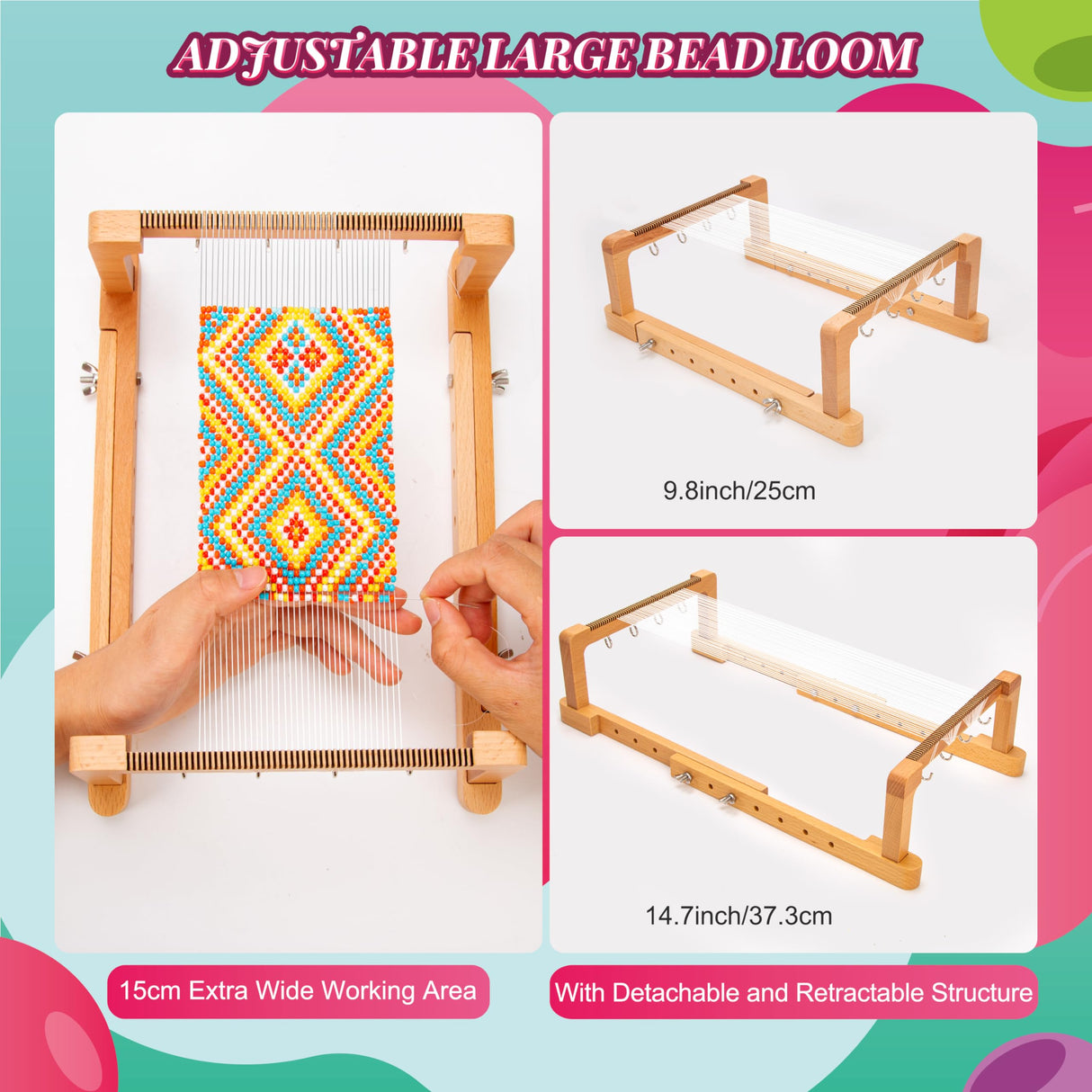 PP OPOUNT Adjustable Bead Loom Kit, Wood Loom Beading Supplies with Detailed Instructions, Practical Jewelry Making Accessories, Beading Loom Kits for Adults Jewelry Making Bracelets Belts PP OPOUNT