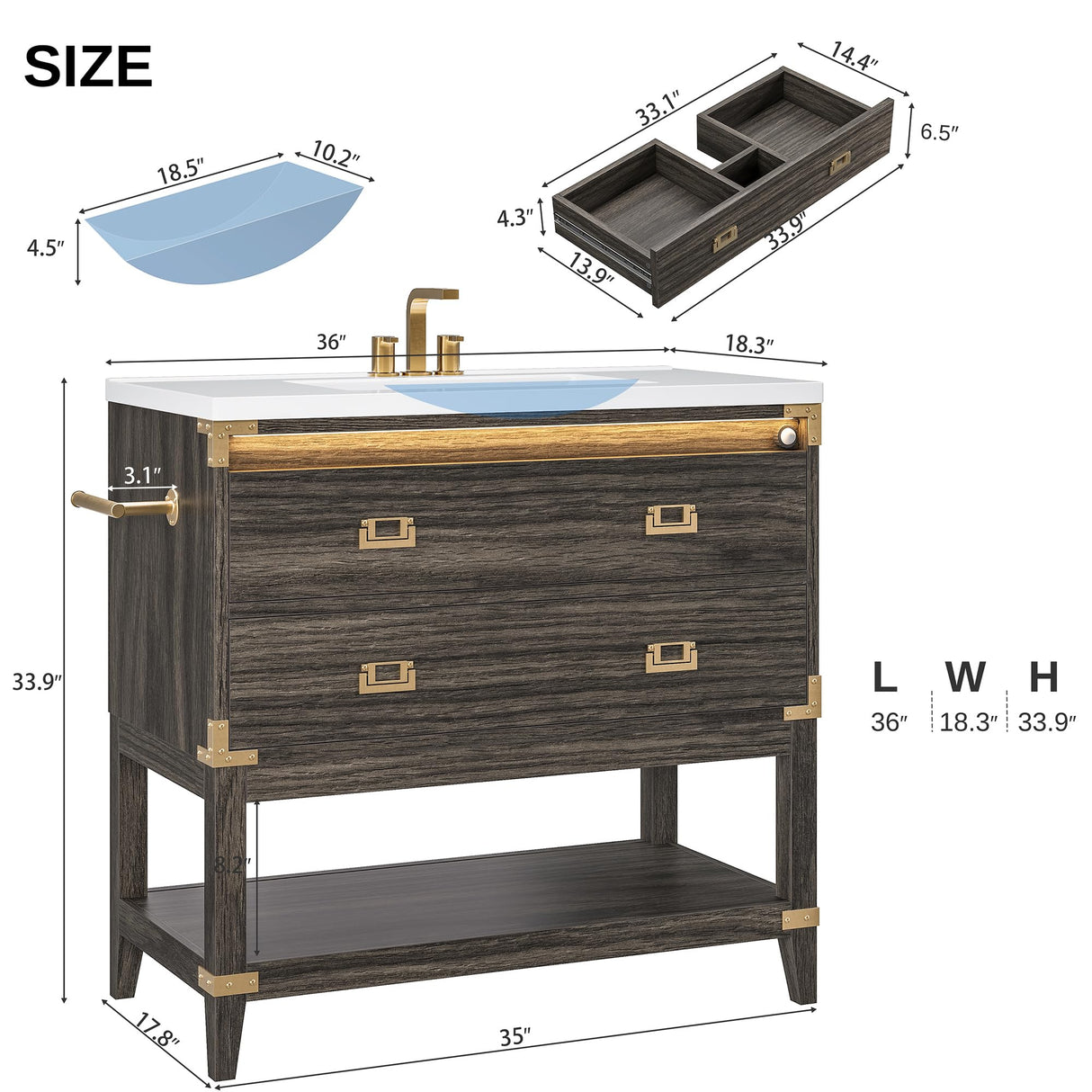 IRONCK 36" Bathroom Vanity with Sink, Wood Bathroom Vanity with Motion Sensor Light, Freestanding Bathroom Cabinet with 2 Drawers & Open Shelf, Easy Assembly, Walnut IRONCK