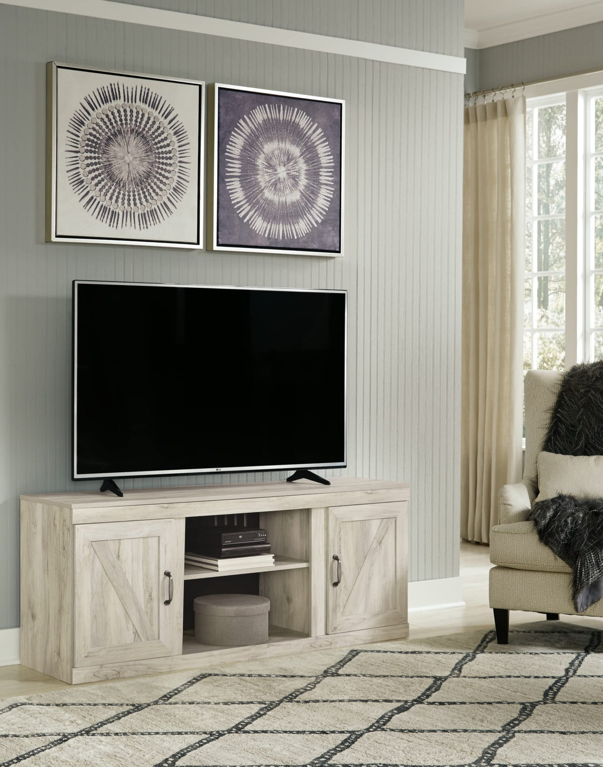 Signature Design by Ashley Bellaby Farmhouse Large TV Stand up to 60" with 3 Adjustable Shelves and Fireplace Option, White Signature Design by Ashley