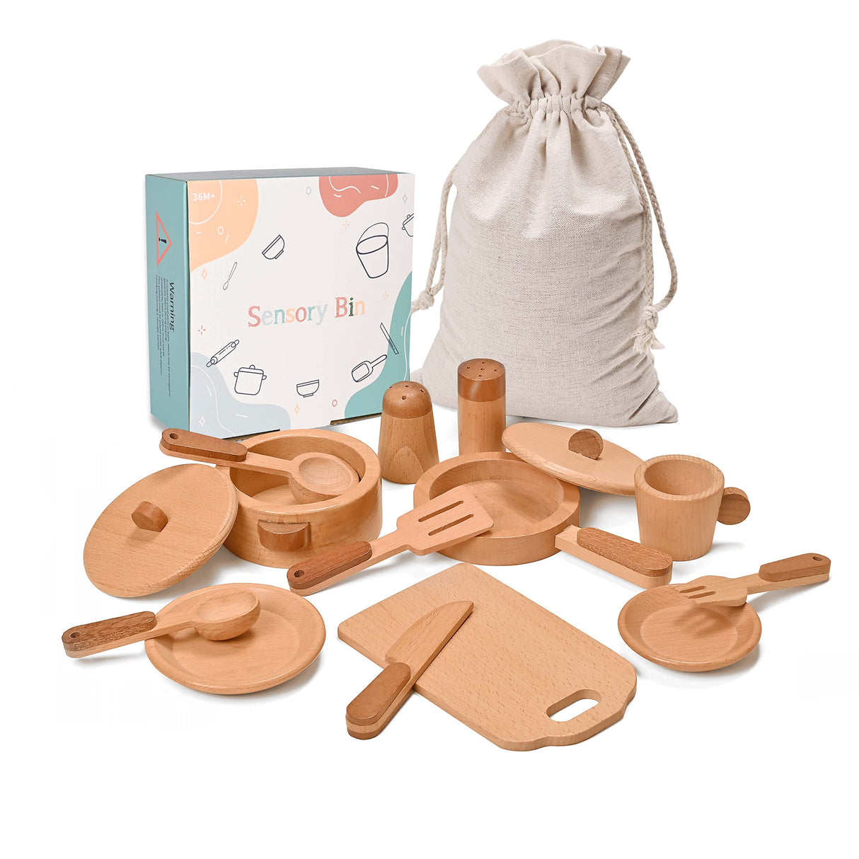 MONT PLEASANT Play Kitchen Accessories Montessori Wooden Toys Kids Kitchen Toy Set Cookware Plates Dishes Pots Pans Cooking Playset 15 Pieces Sensory Toys for Toddlers Girls Boys with Storage Bag MONT PLEASANT