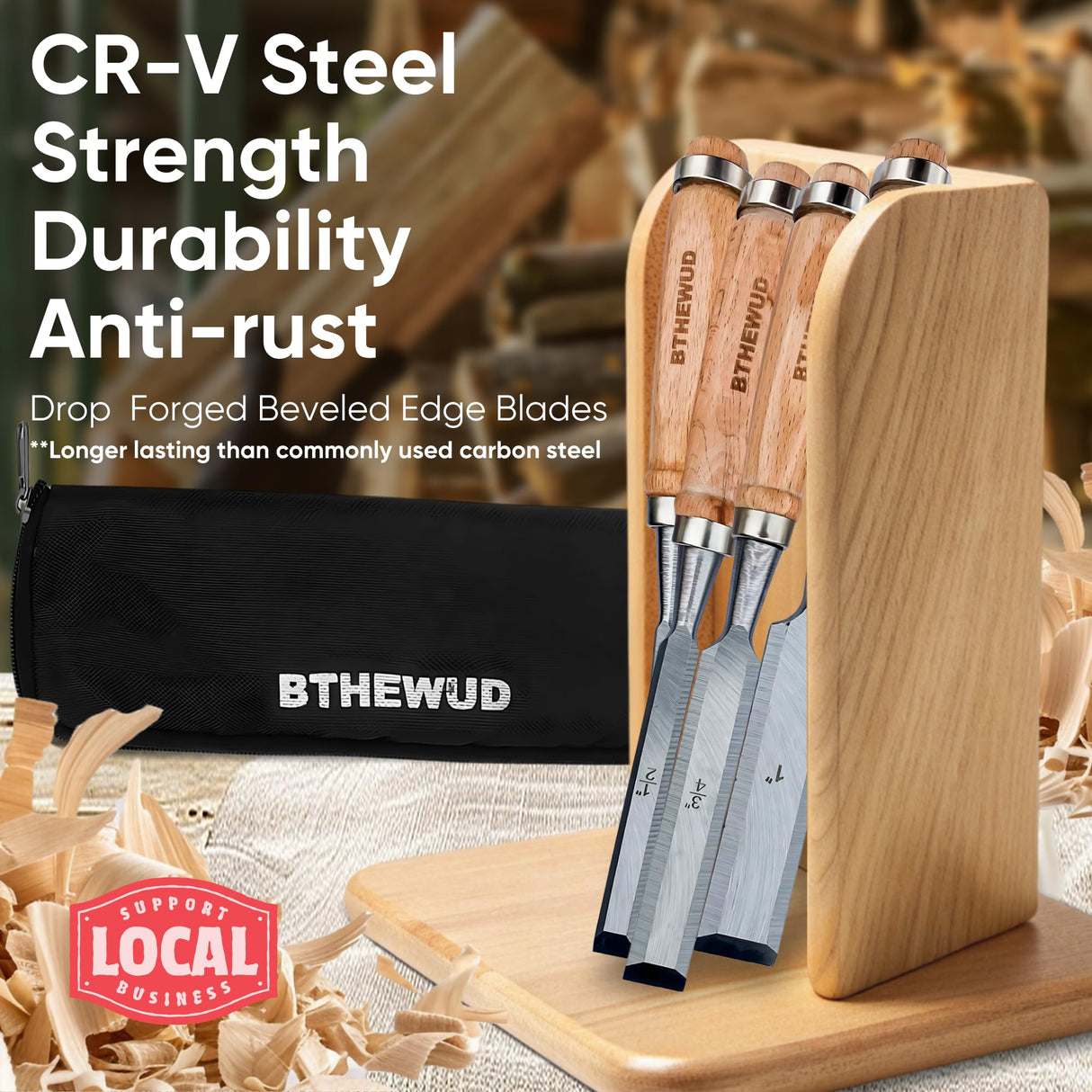 Wood Chisel Set – set of 4 Woodworking Chisels w/CR-V Steel Blades, Zipper Bag - Anti-Rust Coating Wood Chisels for Woodworking - Lightweight & Durable Carpenter Tools for Woodworking BTHEWUD