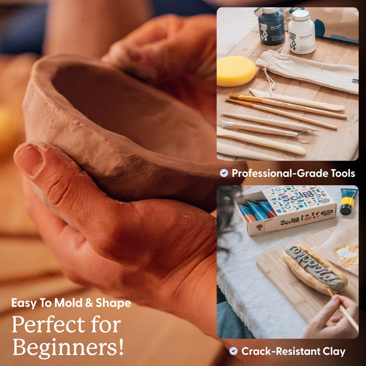 Sculpd - The Original Pottery Starter Kit - Complete Air Dry Clay Beginner Set for 2 Adults: Includes Sculpting Tools, Gloss Varnish, Paint Brushes, Guide, Video Tutorials & More - Gift, Arts Crafts Sculpd