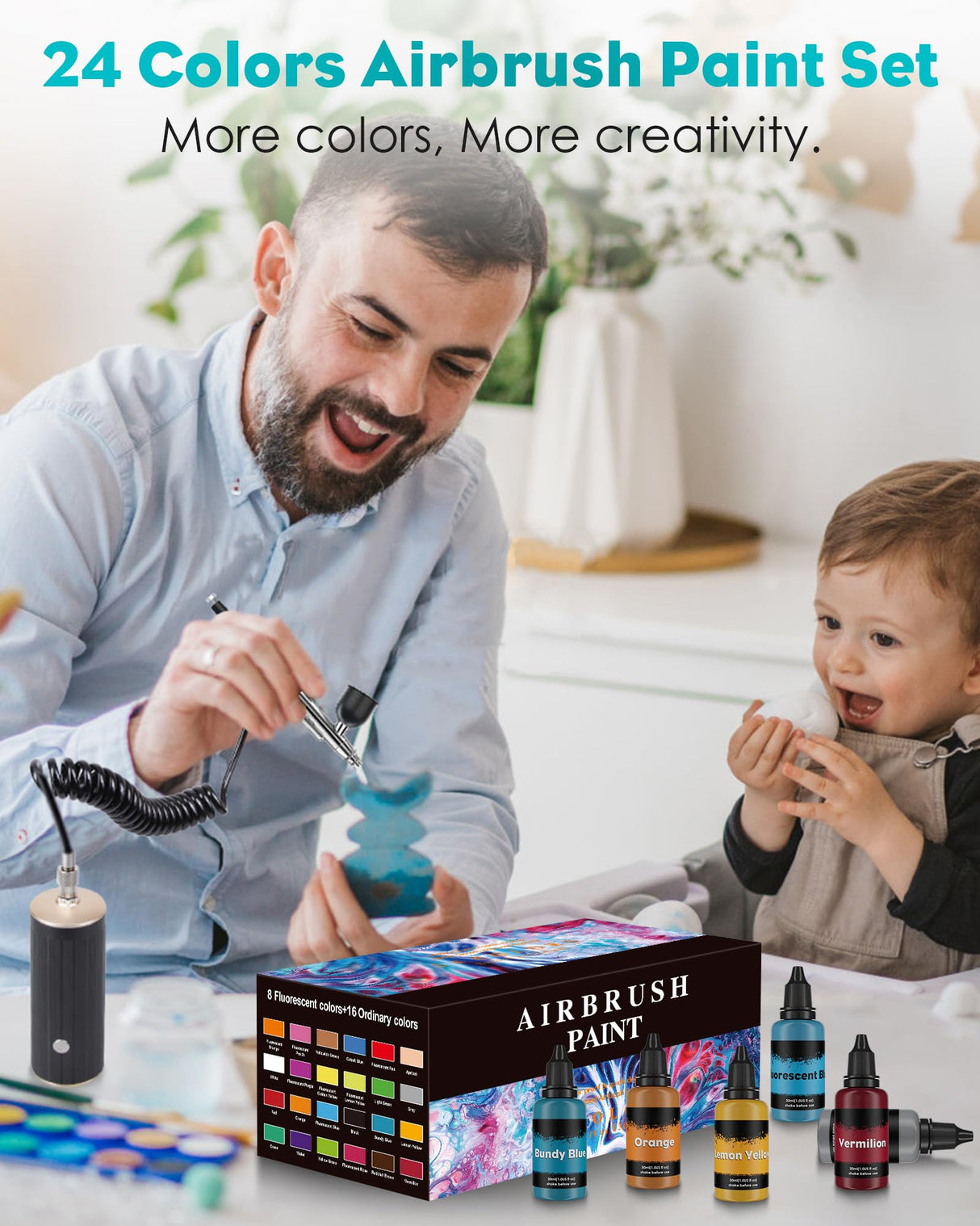 Airbrush Paint Set, 24Colors Acrylic Air Brush Paint Kit, Ready to Spray Water-Based Opaque & Neon Colors for Artists, Beginners, and Students, DIY Projects, 30 ml/1.01 Fl Oz Bottle O Rexley