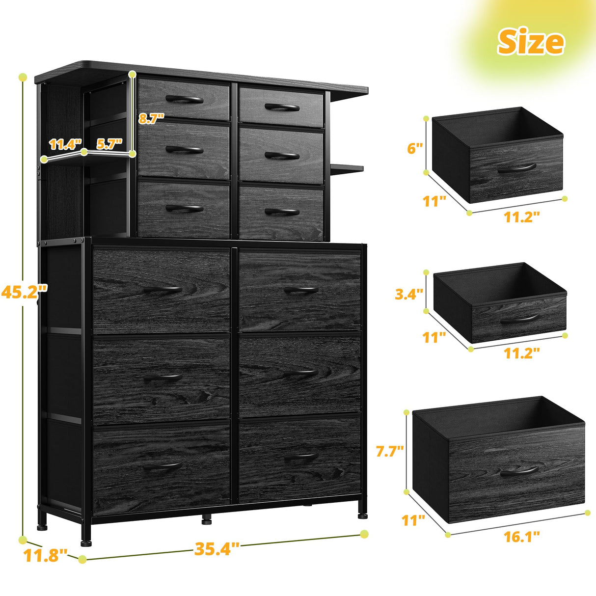 EnHomee Dresser for Bedroom with LED Lights and 12 Fabric Dresser with 4 Open Shelves, Chest of Drawers, Metal Frame, Black, 45.2" H x 35.4" W x 11.8" D EnHomee