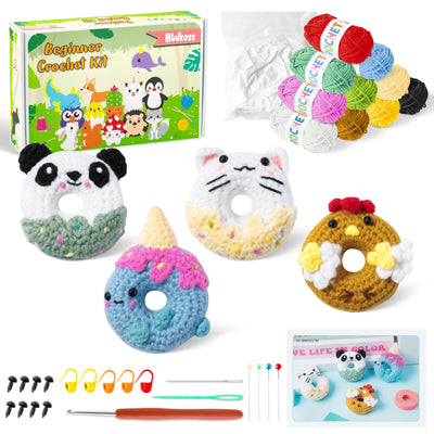 BWkoss Crochet Kit for Beginners- 4Pcs Donut Animal Crochet Starter Kit with Step-by-Step Video Tutorials, Donut Theme Learn to Crochet Kits for Adults & Kids DIY Knitting Supplies