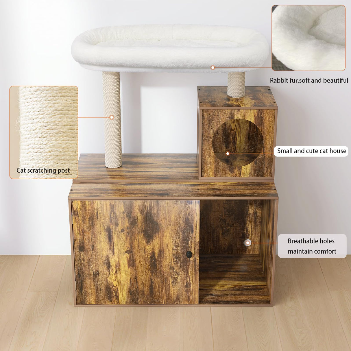 YOCAN Multi-Functional Cat Tree with Litter Box Enclosure, Wooden Apartment with Scratching Post, Modern Style Cat Tree Furniture with Hidden Tower, Cat House Furniture (Brown, L:31.5'') YOCAN