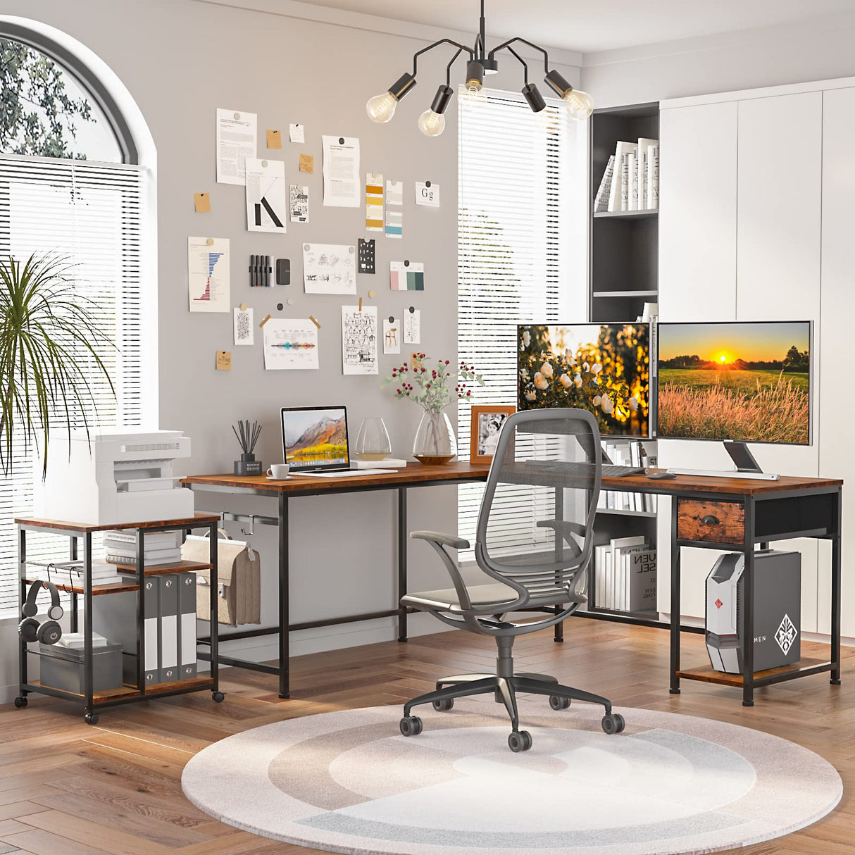 Furologee Printer Stand, 3 Tier Printer Table for Home Office Organization, Mobile Printer Cart with Wheels and 2 Hooks, Under Desk Shelf with Storage, for Living Room, Kitchen, Rustic Brown Furologee