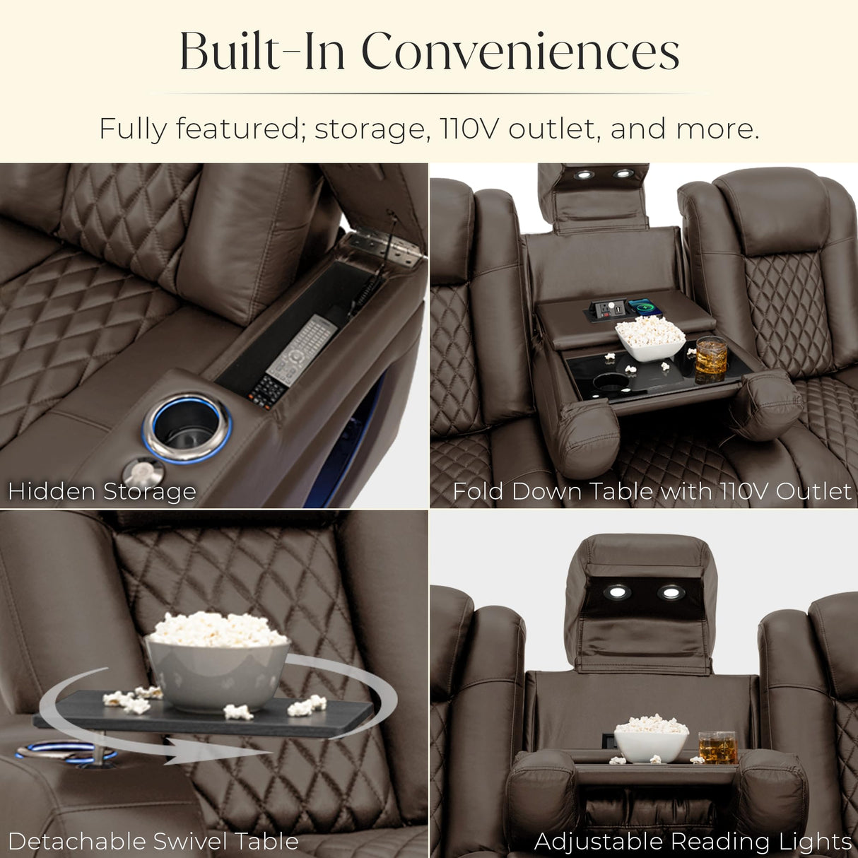 Seatcraft Anthem LT Zero-Gravity HeatZero Italian Leather Sofa w/Fold-Down Table Home Theater Seating, Heat & Massage, Power Headrest, Power Recline, Brown Seatcraft