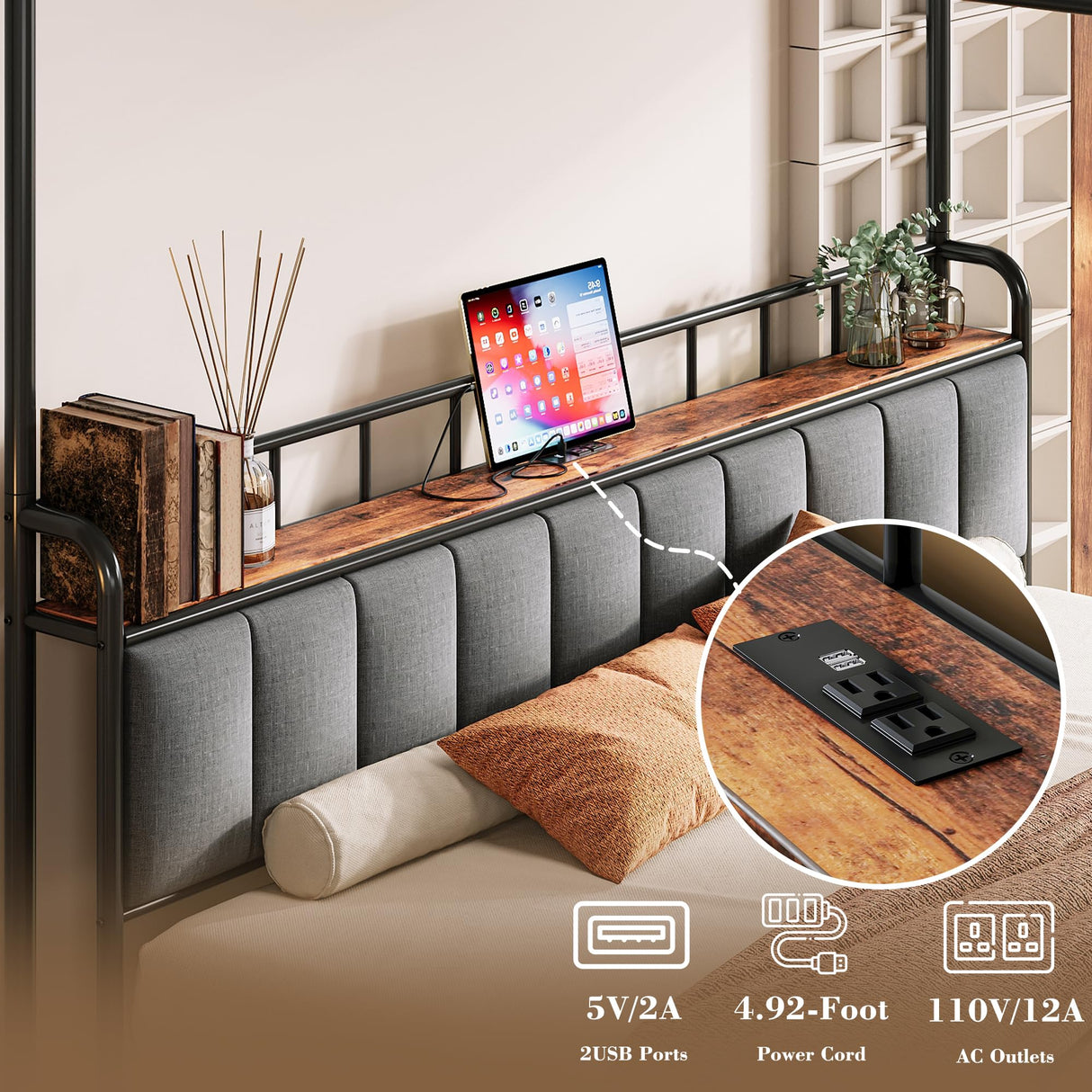 LIKIMIO Canopy Bed Frame King, Storage Headboard with Charging Station, Platform Bed with 4 Removable Sturdy Posts, Noise Free, No Box Spring Needed, Vintage Brown LIKIMIO