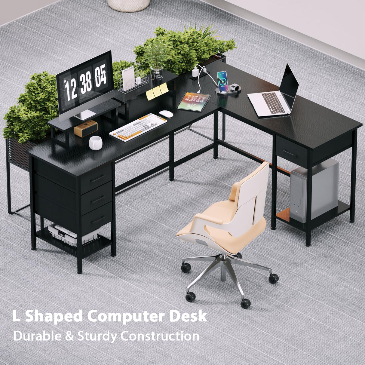 Korfile 66" L Shaped Computer Desk with Power Outlets, Corner Desk with 2 Monitor Stands, Home Office Desk with 4 Adjustable Storage Drawers & Shelves, Large Desk for Gaming Writing Study Work, Black Korfile