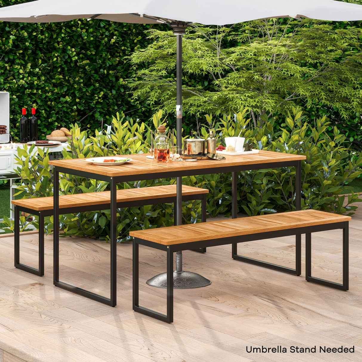 Tangkula 3 Pieces Outdoor Dining Set for 6 People, 55 inch Rectangle Patio Table & 2 Benches with Acacia Wood Tabletop, Metal Frame & Umbrella Hole, Dining Furniture for Yard, Garden, Poolside Tangkula