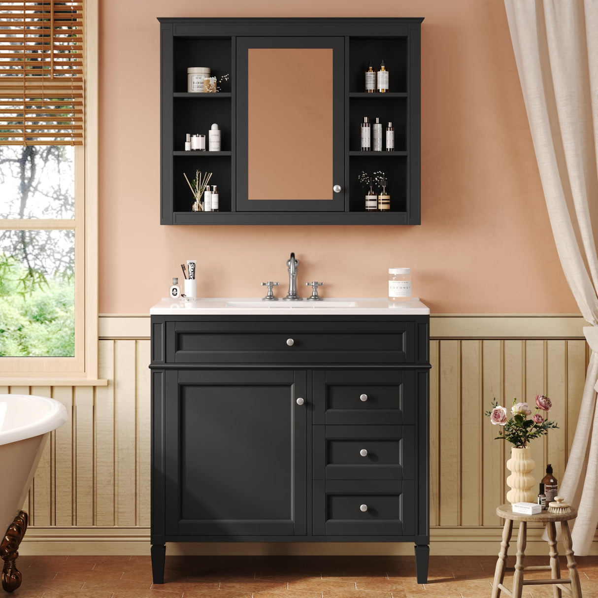 36'' Bathroom Vanity & Medicine Storage Mirror Cabinet Set with Top Single Resin Sink Countertop, Solid Wood Frame, Modern Toilet Organizers, Shelves, Tip-out Drawer, Soft Closing Doors, Wall Mount Merax