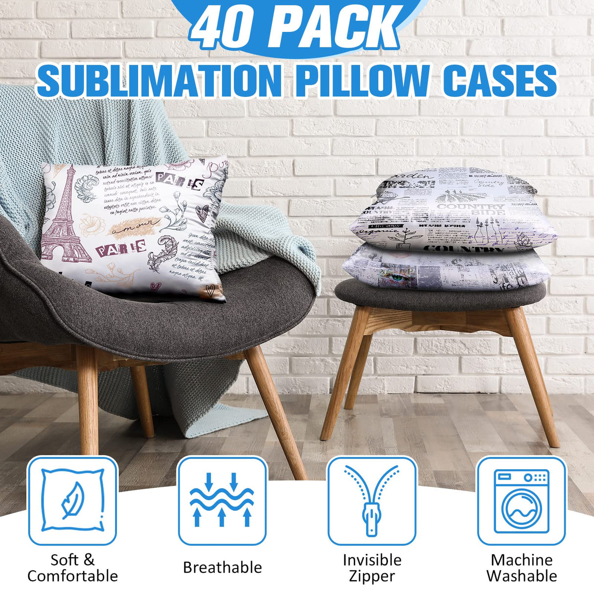 40 Pieces Sublimation Throw Pillow Covers 14 x 14 Inch Polyester Blank Cushion Covers Heat Transfer Pillow Cases with Invisible Zipper for Heat Press Printing, No Pillow Insert Chumia