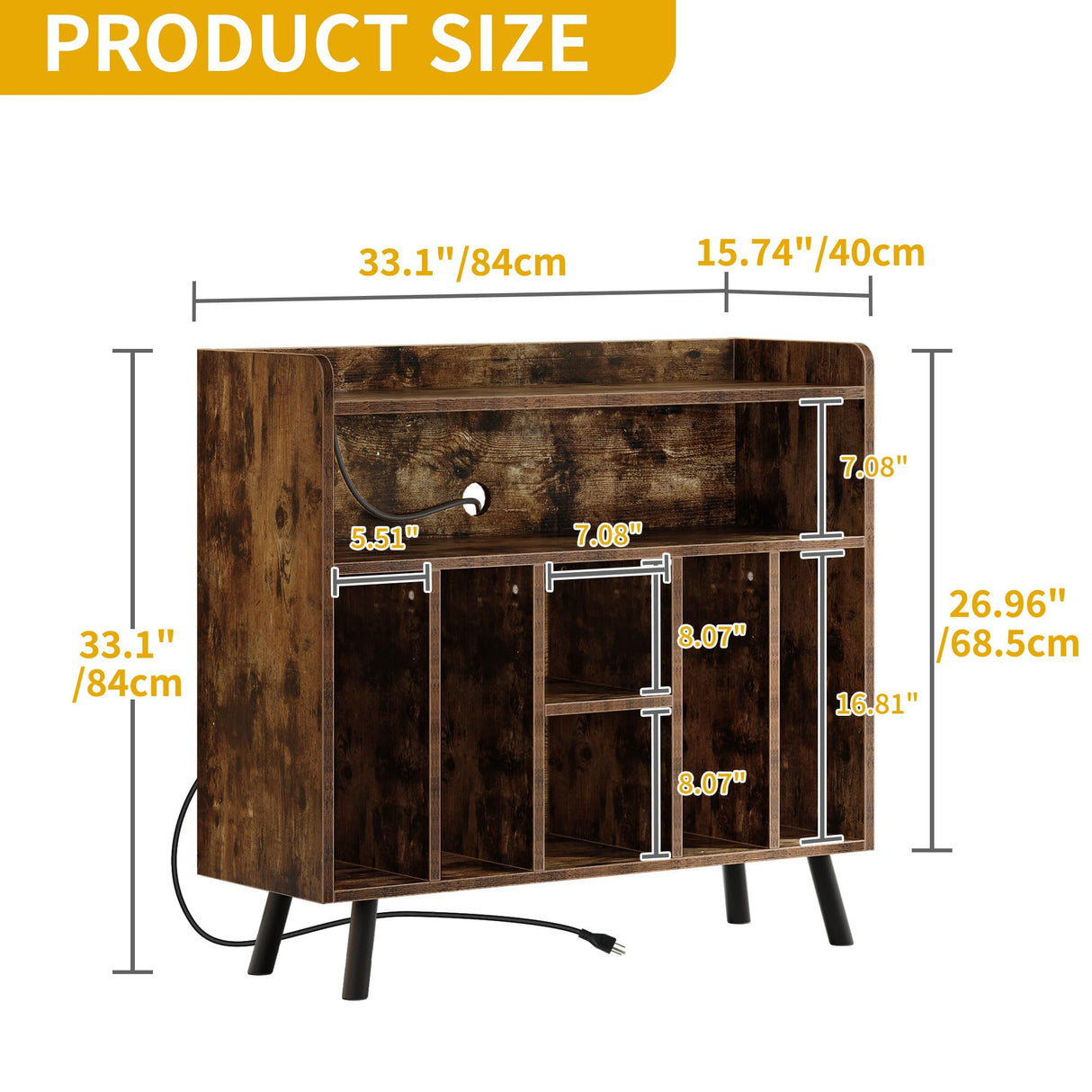 DWVO Large Record Player Stand, Turntable with Power Outlets & LED Lights, Vinyl Record Player Table with Album Storage, Turntable Stand with Record Storage Shelf for Living Room, Brown DWVO