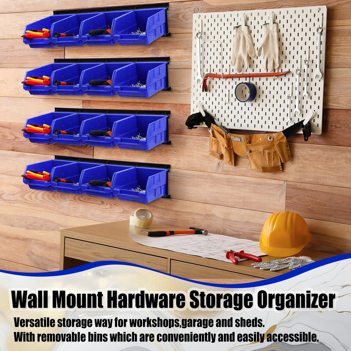 Maitys Wall Mounted Storage Bins Plastic Hanging Stackable Storage Parts Garage Tool Organizer for Screws, Nuts, Bolts, Nails, and Small Hardware Parts, 16x Bins & 4 x Rails(Blue) Maitys