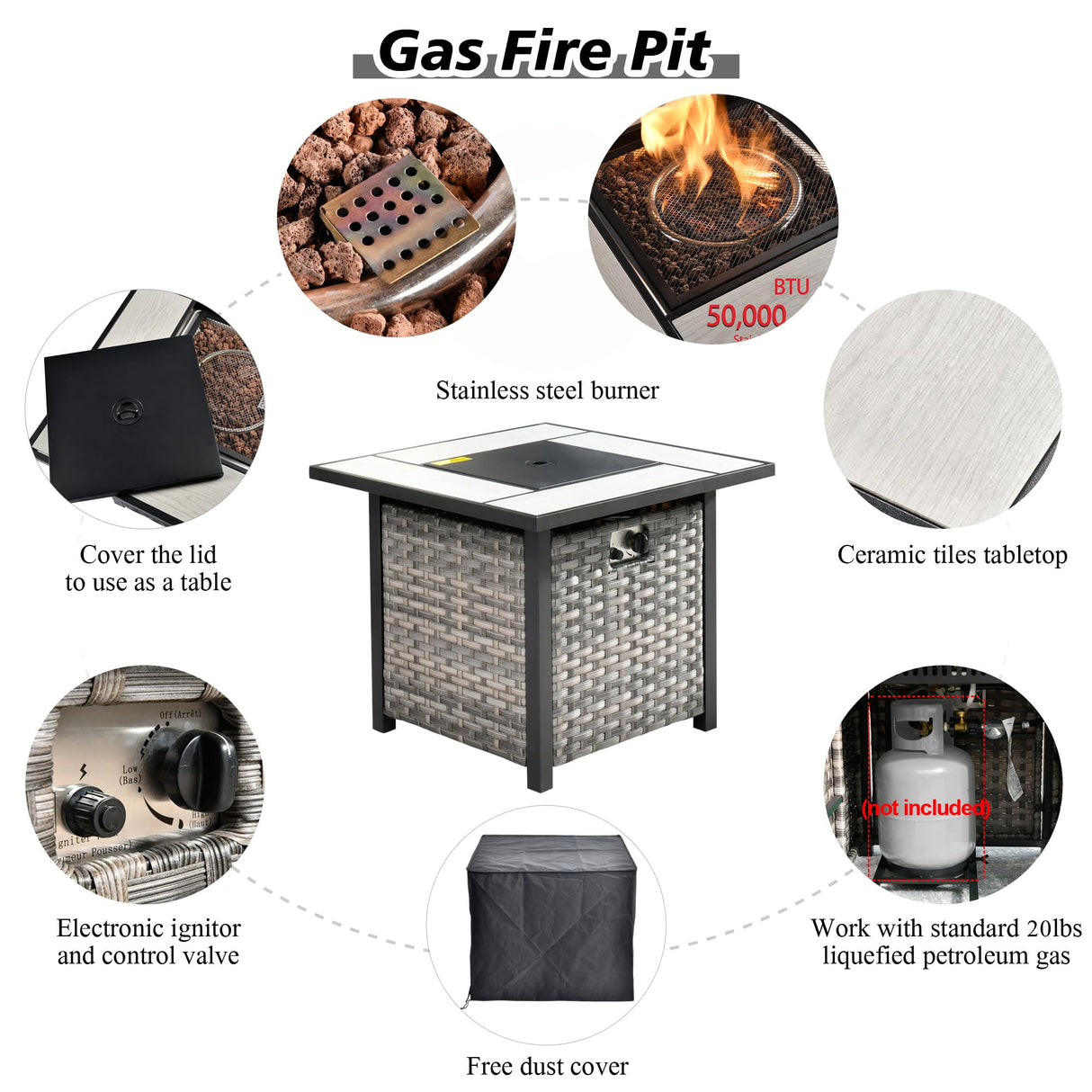 HOOOWOOO Outdoor Patio Sectional Furniture Sofa Set with Propane Gas Fire Pit Table,9 Piece Modern Wicker Couch with Swivel Chair,Modular L Shaped Conversation Seating Set with Wide Arm(Dark Grey) HOOOWOOO