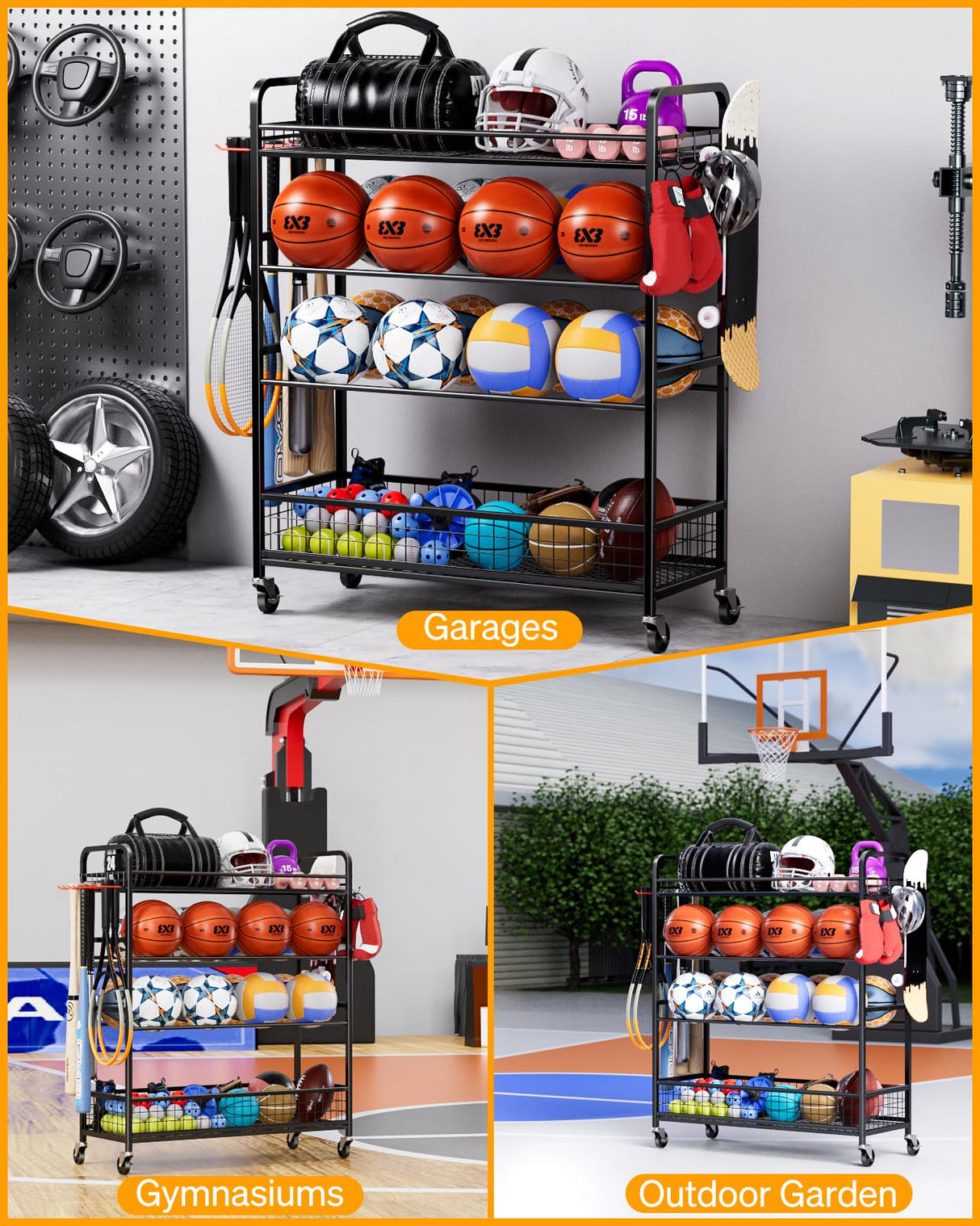EXTCCT Garage Sports Equipment Organizer - Rolling Ball Storage Bin with Wheels, Garage Sports Gear Rack Outdoor Basketball Racks for Balls with Baseball Bat Holder and Hooks, Toy Organizer EXTCCT