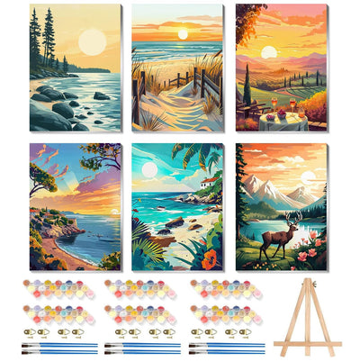 6 Pack Sunset Paint by Numbers Kit for Adults, Adult Paint by Number Kits with Easel, Landscape Paint by Numbers for Adults, DIY Acrylic Painting on Canvas for Home Wall Art Decor 8x12 Inch