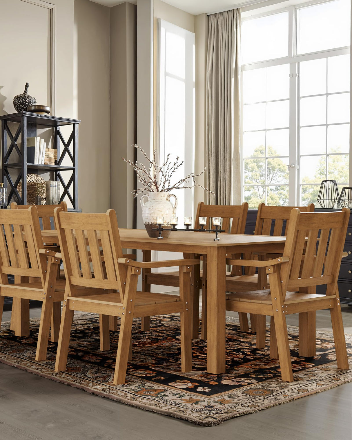 YEFU HIPS Patio Table Set: 7 Piece Outdoor Table and Chairs Dining Furniture Set with Umbrella Hole - Teak Modern Plastic Dining Sets 6 Person for Outside Deck with Metal Aluminum Frame YEFU