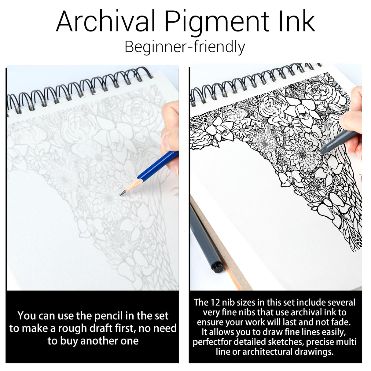 HTVRONT Micro Pens Fineliner Drawing Pens - 13 Pack Artist Pens Fine Liners Sketch Pens Set - 1HB Pencil & 12 Sizes Black Waterproof Archival Ink Pens for Artists Drawing, Anime Christmas Art Supplies HTVRONT