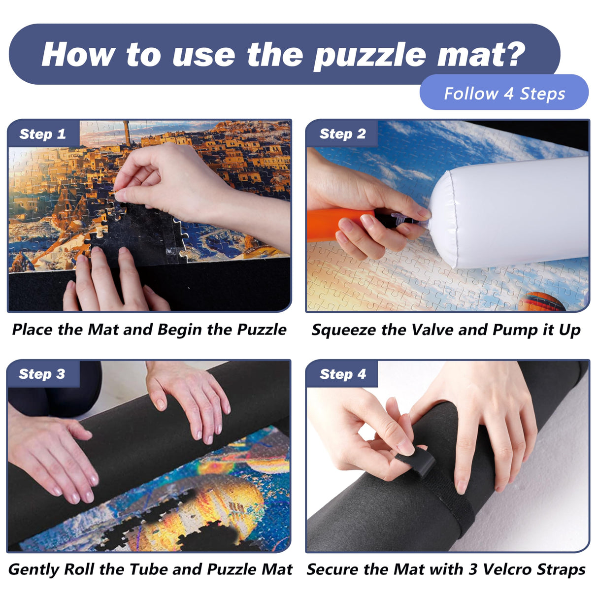 Jigsaw Puzzle Mat Roll Up Fits 2000 1500 1000 Pieces Puzzles, Large Pad Table Non-Slip Board Saver Mats Portable Organizer, 41" x 29" + Inflatable Tube, 3 Straps, Keeper Storage Bag, Adults Kids Gifts Genovega