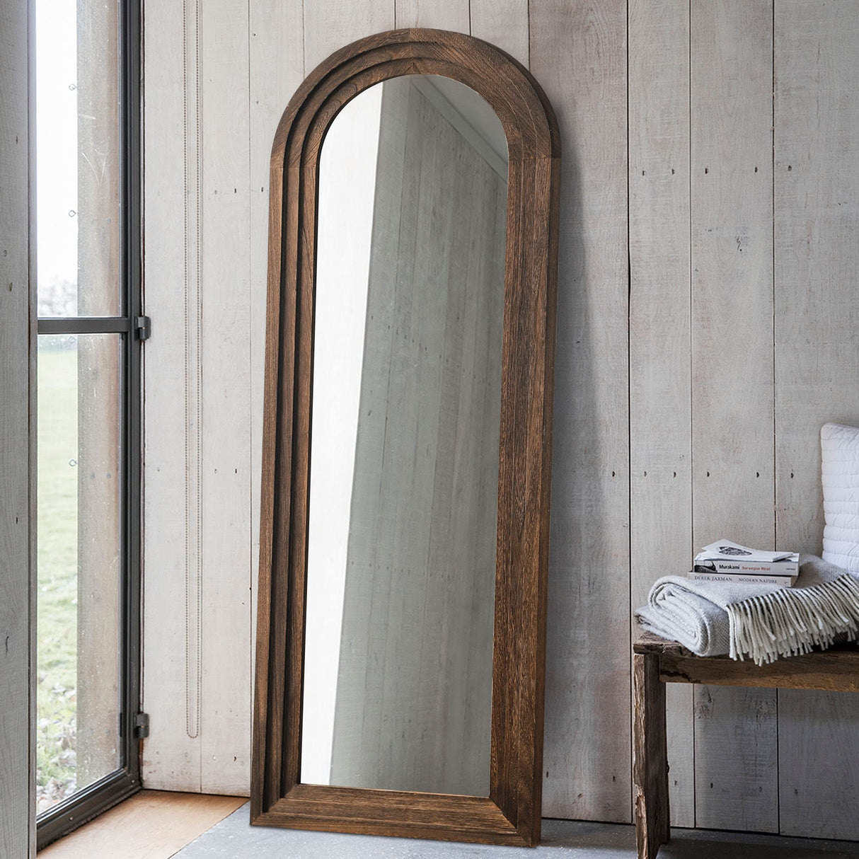 KIAYACI Arched Floor Mirror Wood Frame Wall Mounted Mirror Distressed Style Wide Frame Dressing Make Up Mirror for Bathroom/Bedroom/Living Room/Dining Room/Entry/Farmhouse (Coffee, 64" x 21") KIAYACI