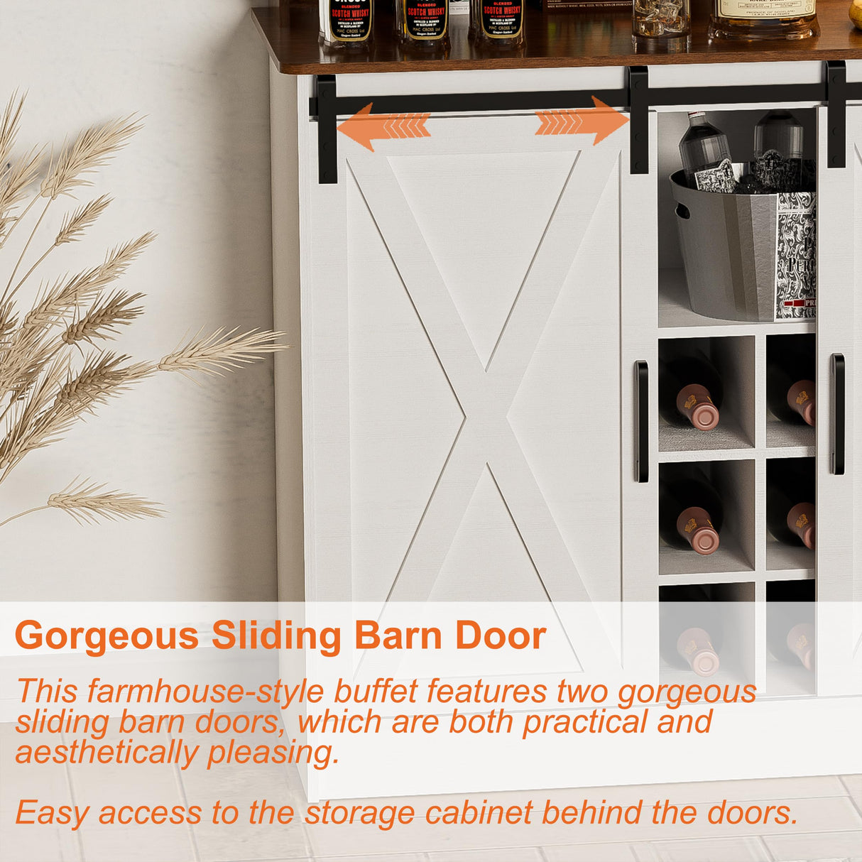 PAKASEPT Coffee Bar Cabinet with Adjustable 20-Color LED Lights and 6.5FT Outlet, Kitchen Buffet Storage Cabinet, 47'' Sideboard Buffet Cabinet with Sliding Barn Door, Adjustable Shelf and Wine Racks PAKASEPT