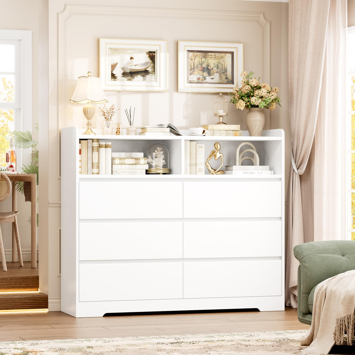 FOTOSOK White Dresser, 47.2" White Modern Chest of Drawers with 2 Open Cabinets, Handless Design Dresser with 6 Drawers, Wood Dressers Storage Drawers for Home & Office FOTOSOK