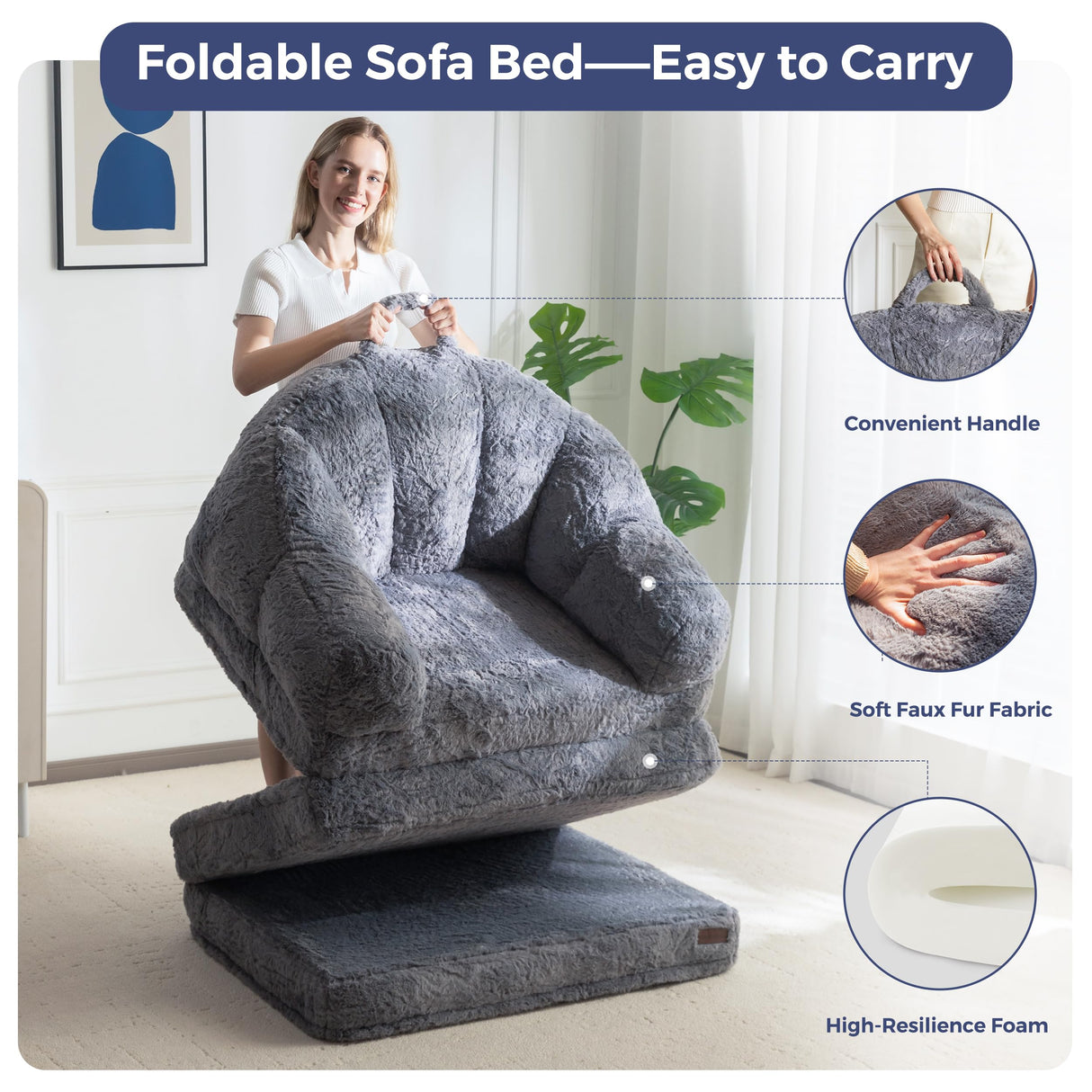 MAXYOYO Folding Sofa Bed, 2 in 1 Convertible Sofa to Lounger Comfy Single Bean Bag Chair for Adults, Floor Sleeper Couch with Handle, Faux Fur Couch Bed for Living Room Bedroom, Grey MAXYOYO