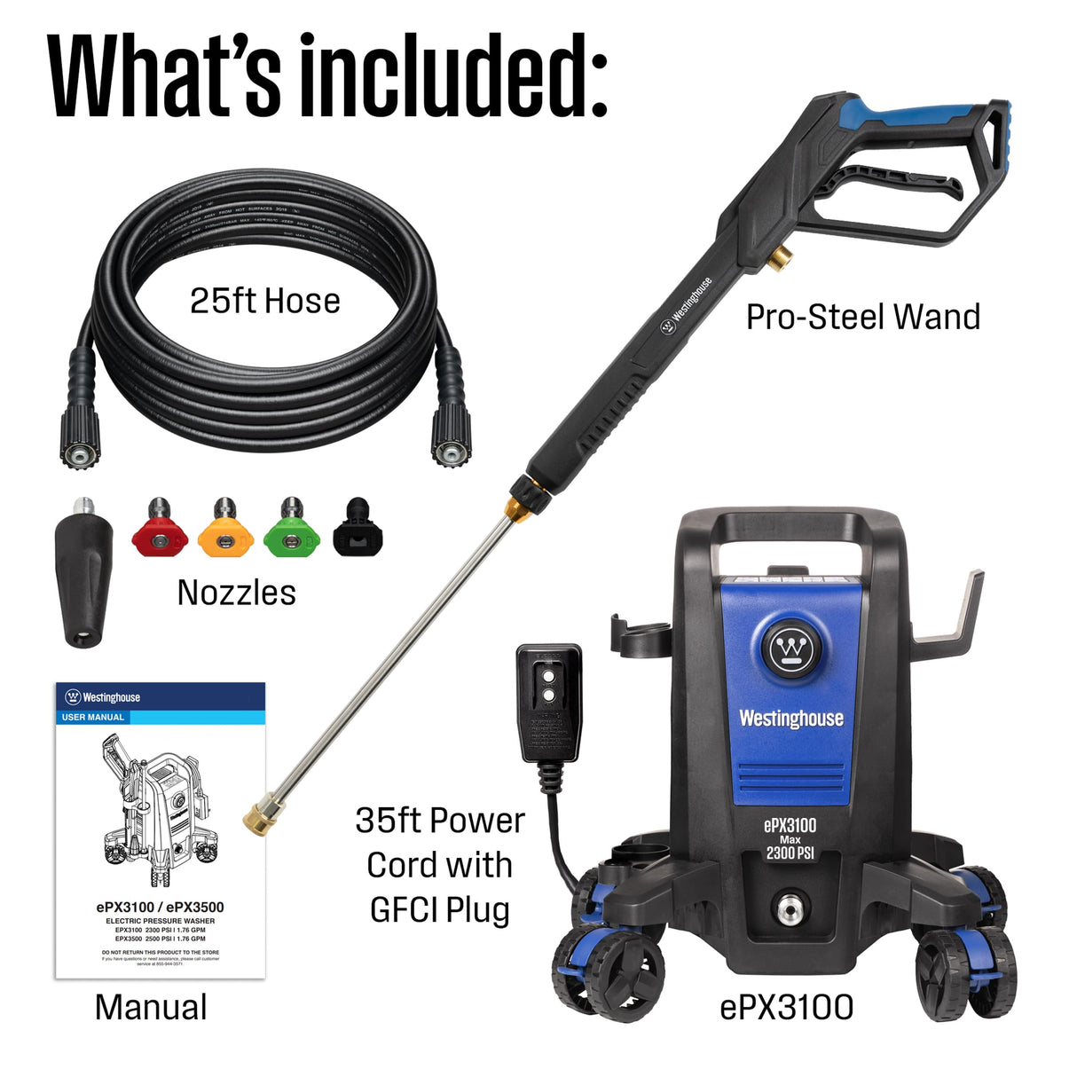 Westinghouse ePX3100 Electric Pressure Washer, 2300 Max PSI 1.76 Max GPM with Anti-Tipping Technology, Onboard Soap Tank, Pro-Style Steel Wand, 5-Nozzle Set, for Cars/Fences/Driveways/Home/Patios Westinghouse