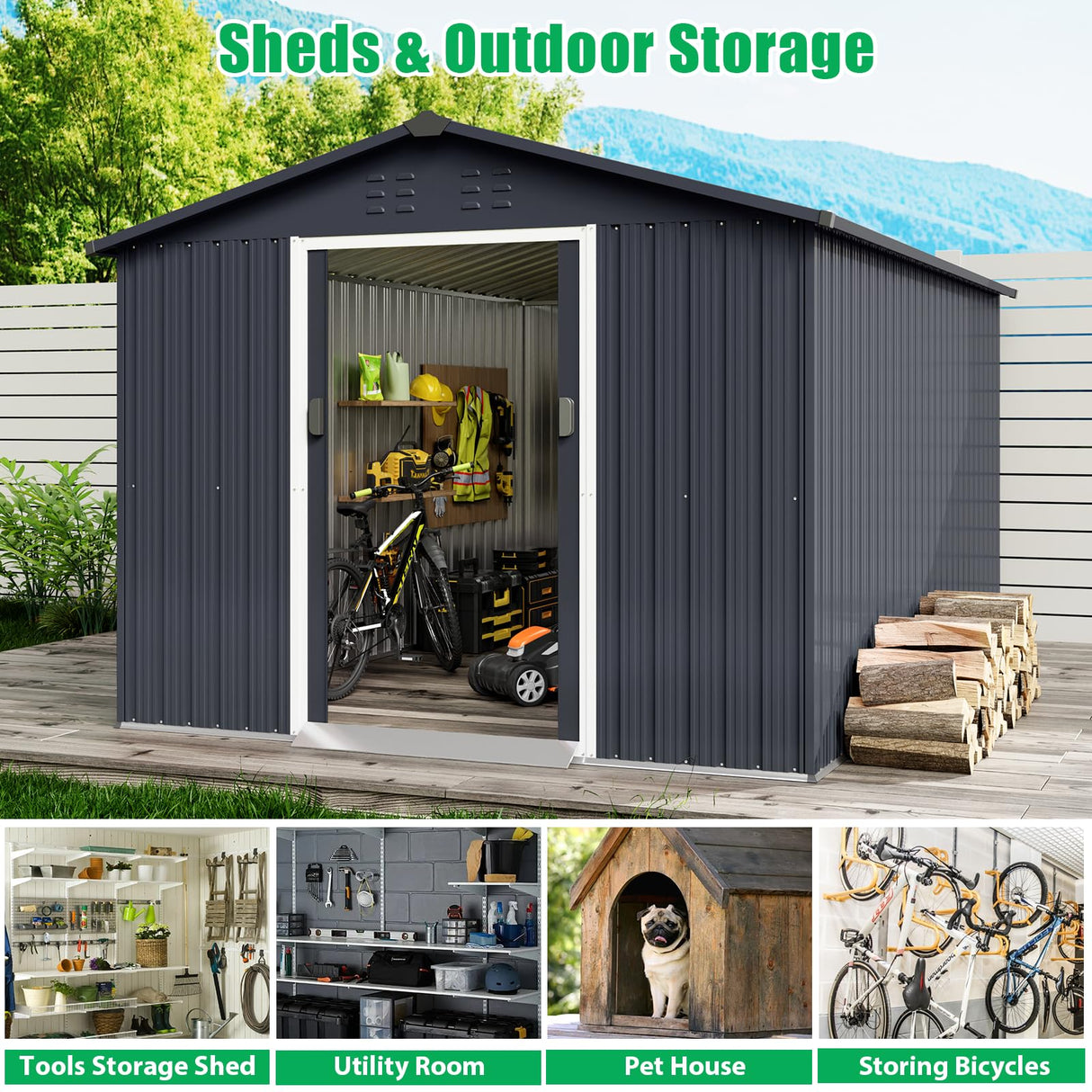 GarveeLife 8x15 Ft Outdoor Storage Shed, Steel Utility Tool Shed with Sloped Roof & Lockable Door, Backyard Garden Patio Lawn Outdoor Shed for Organising Tools and Equipment in Yard, Garden, Grey GarveeLife