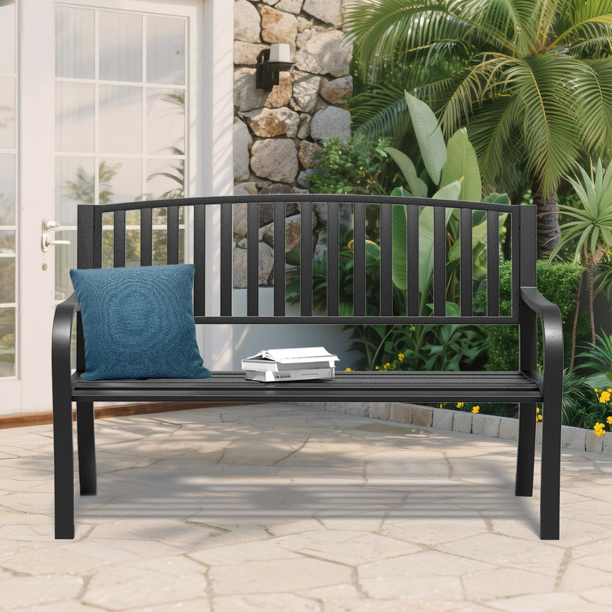 SHGJ&SOFT 50" Outdoor Bench Metal, Heavy-Duty Garden Bench Outdoor, Weatherproof Cast Iron Frame, 500LB Capacity Anti-Rust Patio Park Bench for Porch, Yard, Lawn SHGJ&SOFT