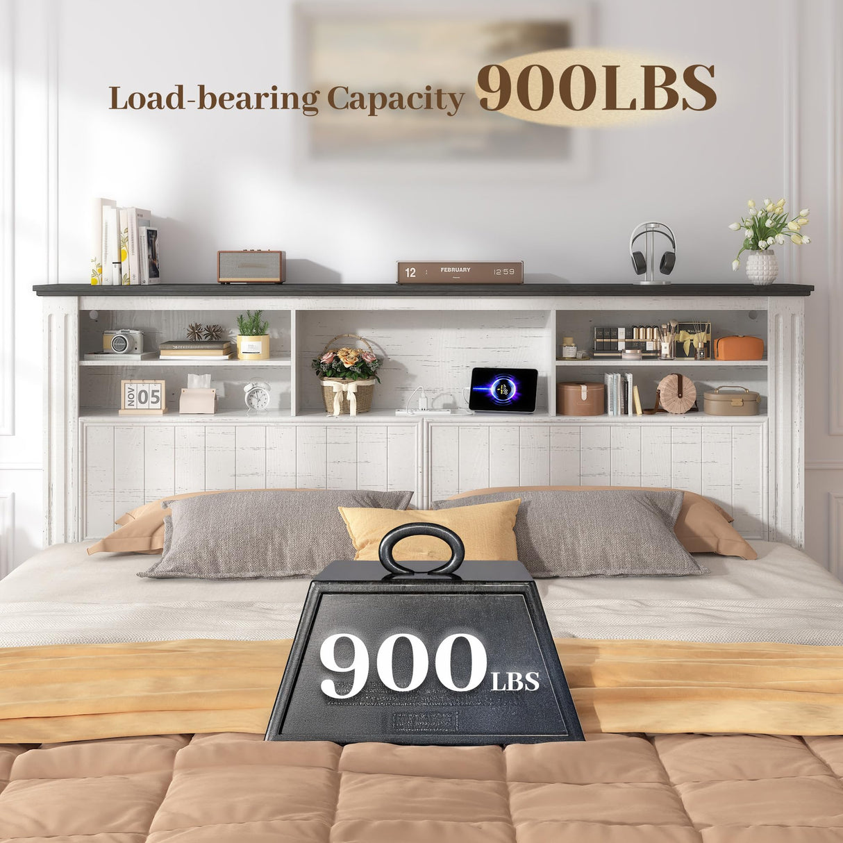 EnHomee King Bed Frame and Headboard, King Size Bed Frame with 4 Storage Drawers, King Bed King with LED Lights & Charging Ports,No Box Spring Needed,NO Noise,Wooden, White EnHomee