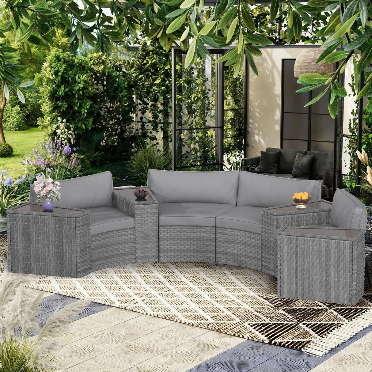 ABCASA Patio Sectional Furniture Set, 8 Pieces Half-Moon Patio Furniture Set with Side Table, Curved Outdoor Sofa Set, Wicker Rattan Patio Conversation Set for Porch,Backyard (Grey,Without Pillows) ABCASA