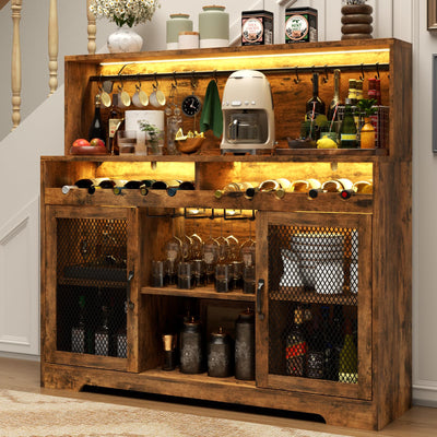 Loomie Wine Bar Cabinet with LED Light, Liquor Cabinet with Glass Holder, Coffee Bar Cabinet for Liquor, Storage Buffet Cabinet with Wine Racks, Wine Cabinet with Mesh Door (Rustic)