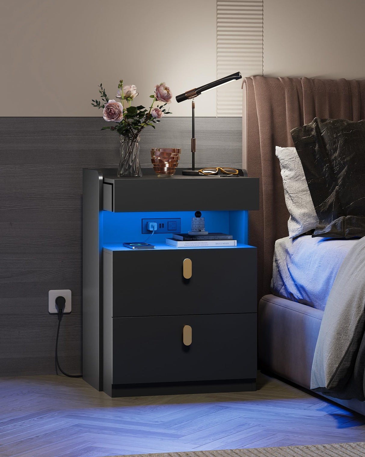 WLIVE Black Nighstand with Charging Station and LED Lights, Night Stand with Sliding Top, Modern Bedside Table with 2 Drawers, End Tables for Bedroom, Living Room, Black WLIVE