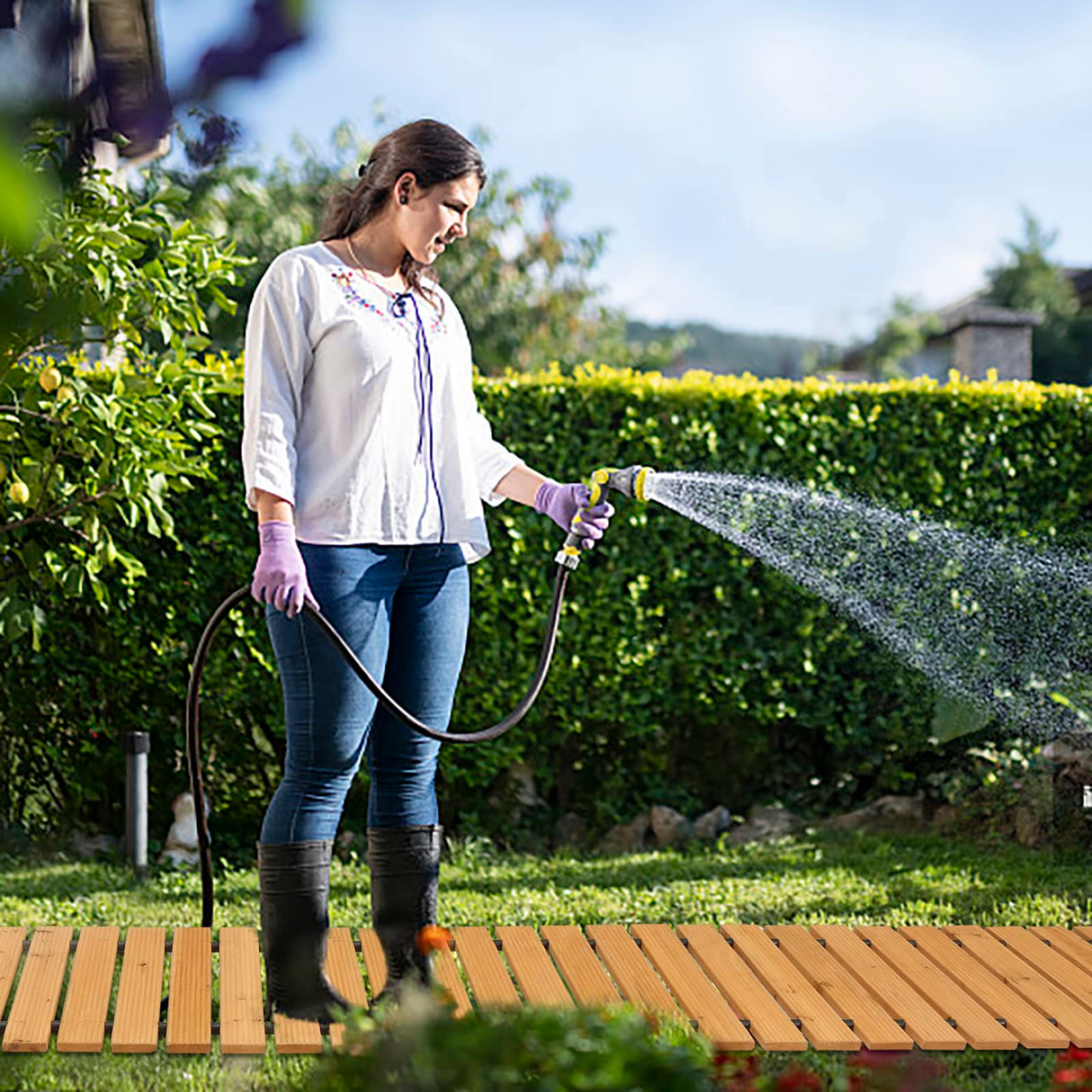 LINSHRY 10FT Wooden Garden Pathway, Outdoor Roll Out Decorative Garden Walkway, Weather-Resistant Non-Slip Hardwood Walkway Pavers for Garden, LINSHRY