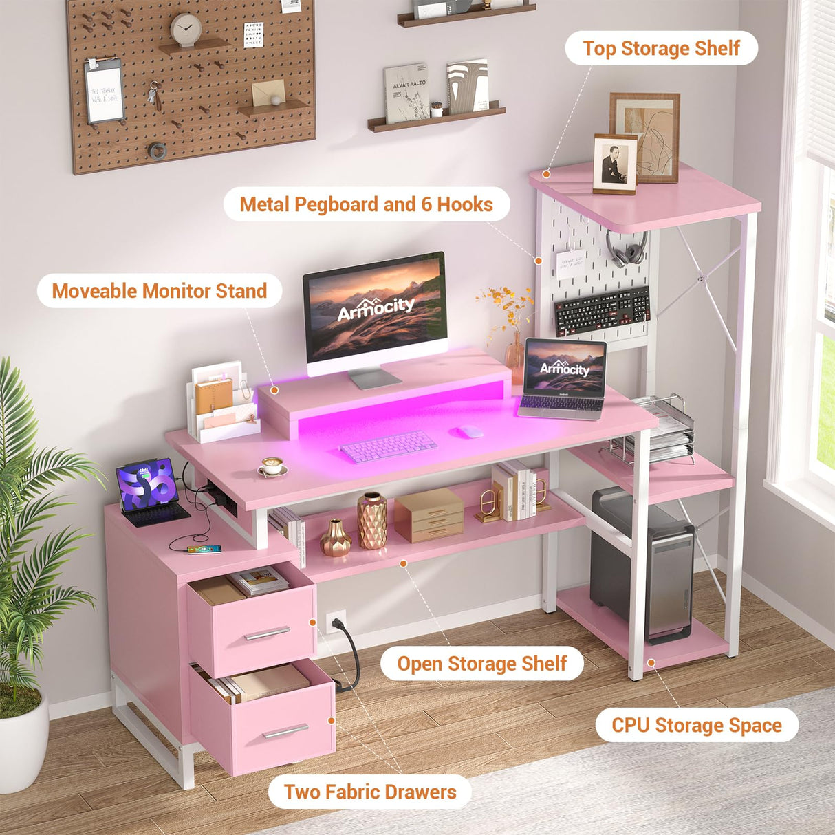 Computer Desk with 2 Fabric Drawers - Reversible Home Office Desk with Power Outlet & LED Lights, 53" Writing Desk with Monitor Stand & Storage Shelves, Gaming Desk Study Table with Pegboard, Pink armocity