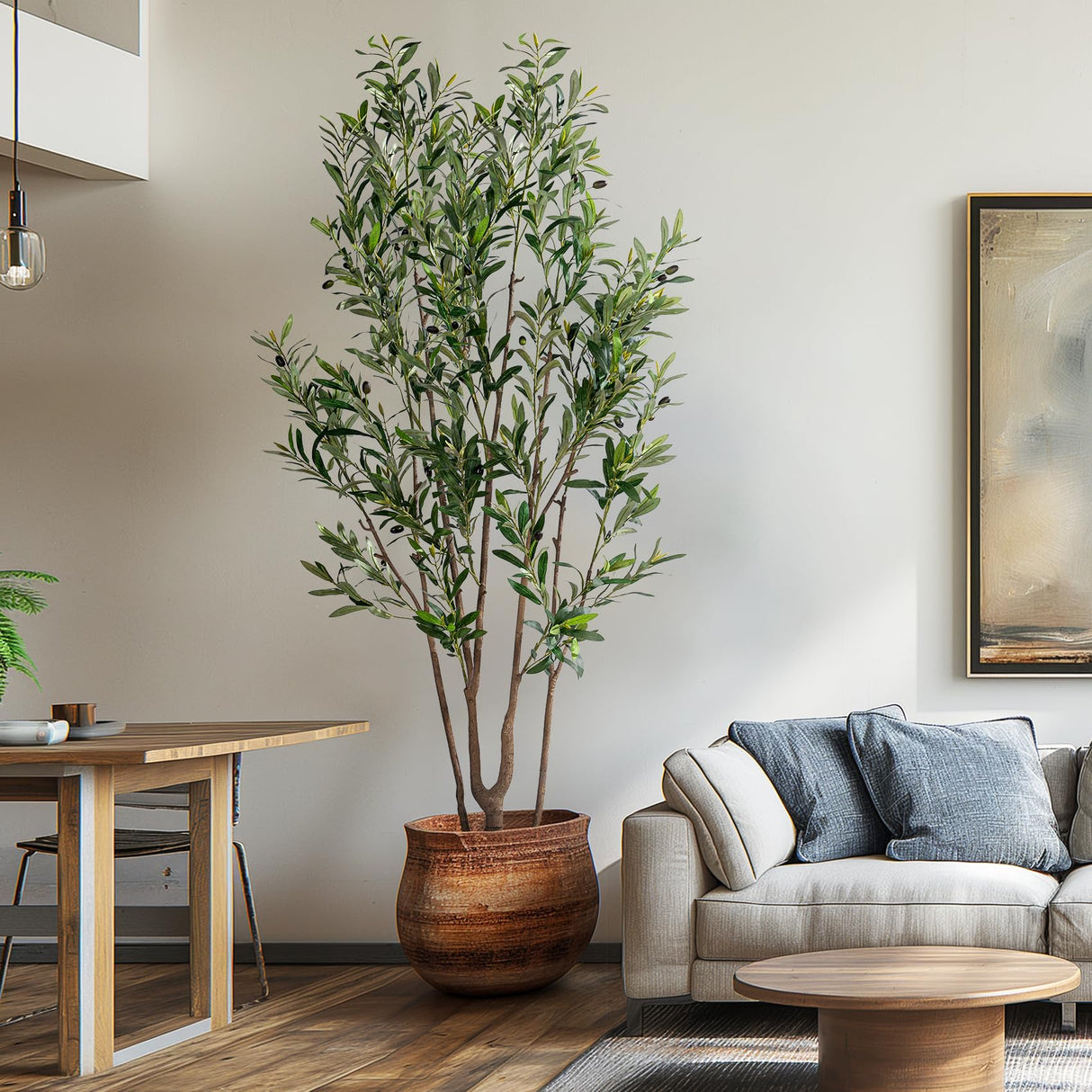 Erimda 7FT Artificial Olive Tree Tall Faux Silk Plant Tall Faux Olive Tree with Natural Wood Trunk & Lifelike Fruits Fake Potted Tree or Home Office Decor erimda
