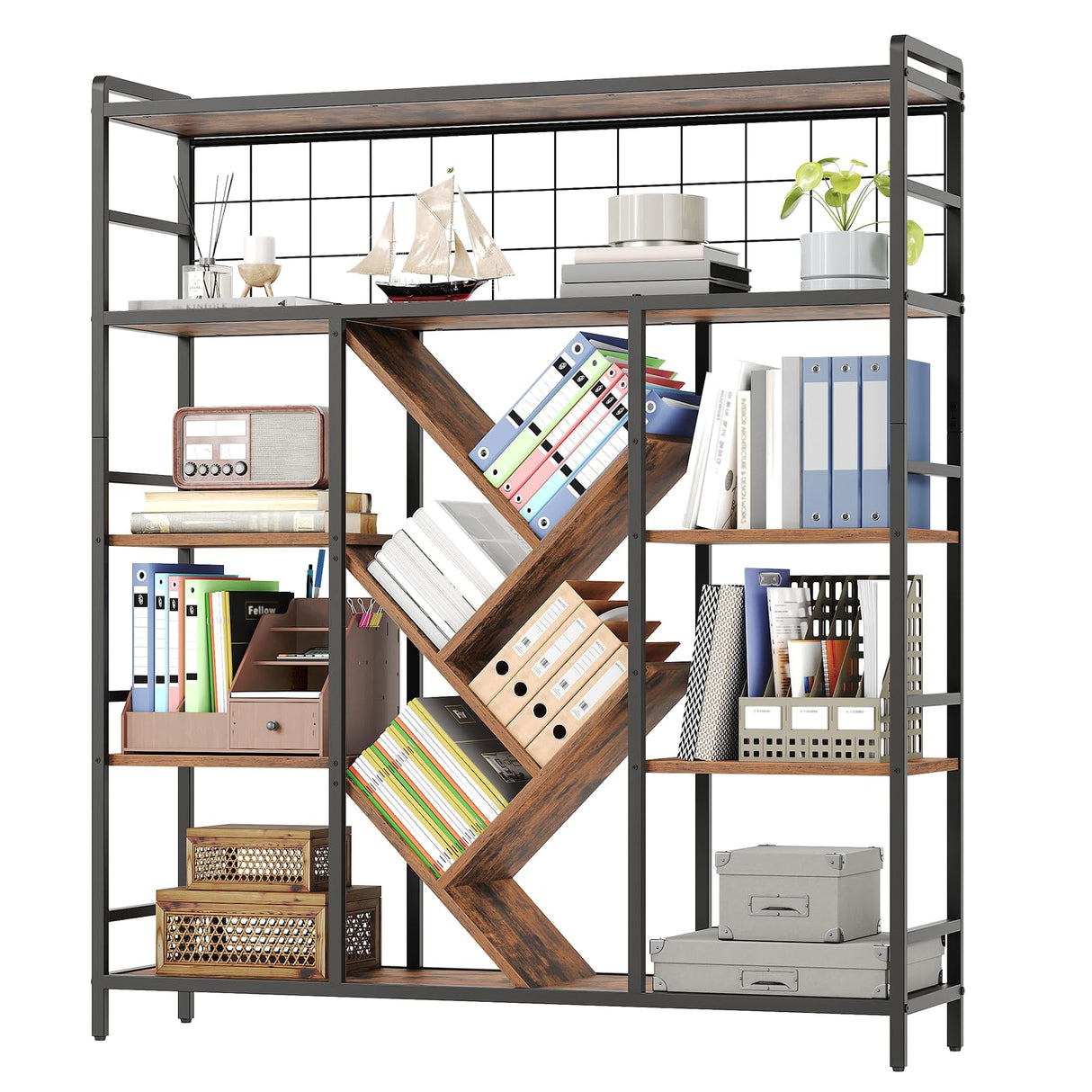 RALGEND Triple 5-Tier Bookshelf, Industrial Large Bookcase with 14 Open Display Shelves, Modern Tree Bookcase with Metal Frame and Hanging Function for Living Room, Home Office, Rustic Brown and Black RALGEND