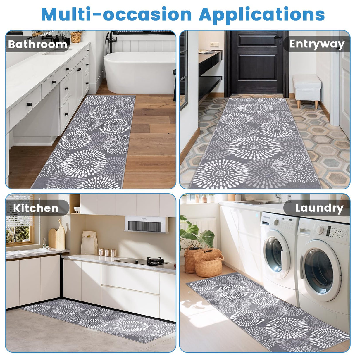 StepRite Runner Rug 2 x 6 ft, Washable Rugs, Hallway Runner Rugs, Kitchen Runner Rug Non Slip, Soft Runner with Rubber Backing for Kitchen, Hallway, Laundry, Bedroom, Living Room(Grey) StepRite