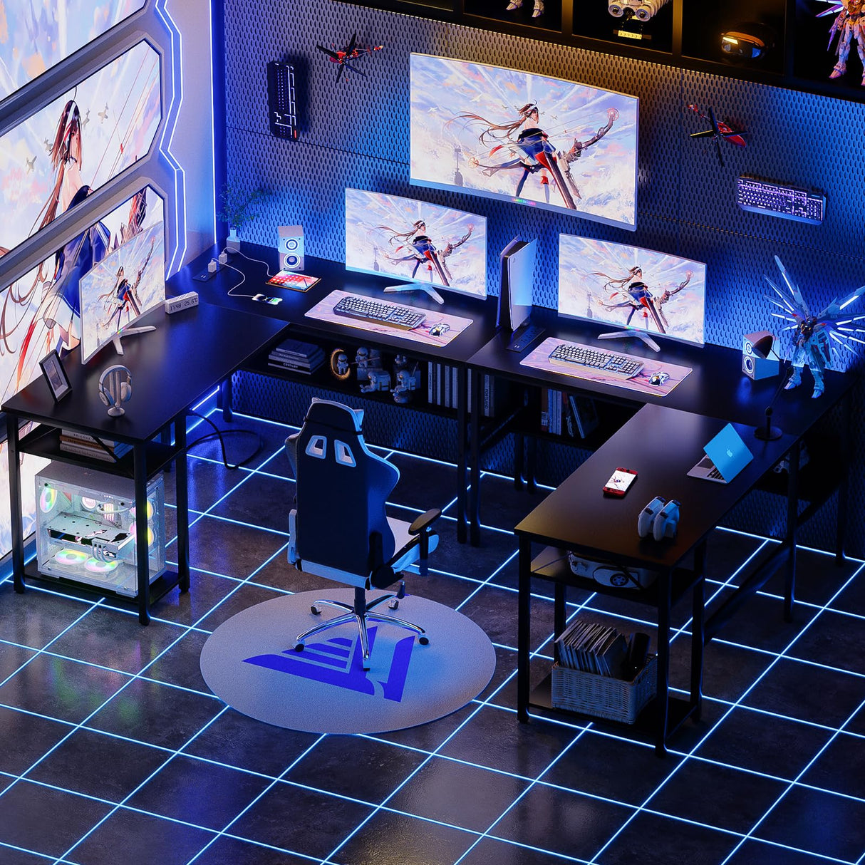 Unikito Reversible L Shaped Desk with Magic Power Outlets and USB Charging Ports, Sturdy Corner Computer Desk with Storage Shelves, Gaming Table Home Office Desk, Easy to Assemble, Black Unikito