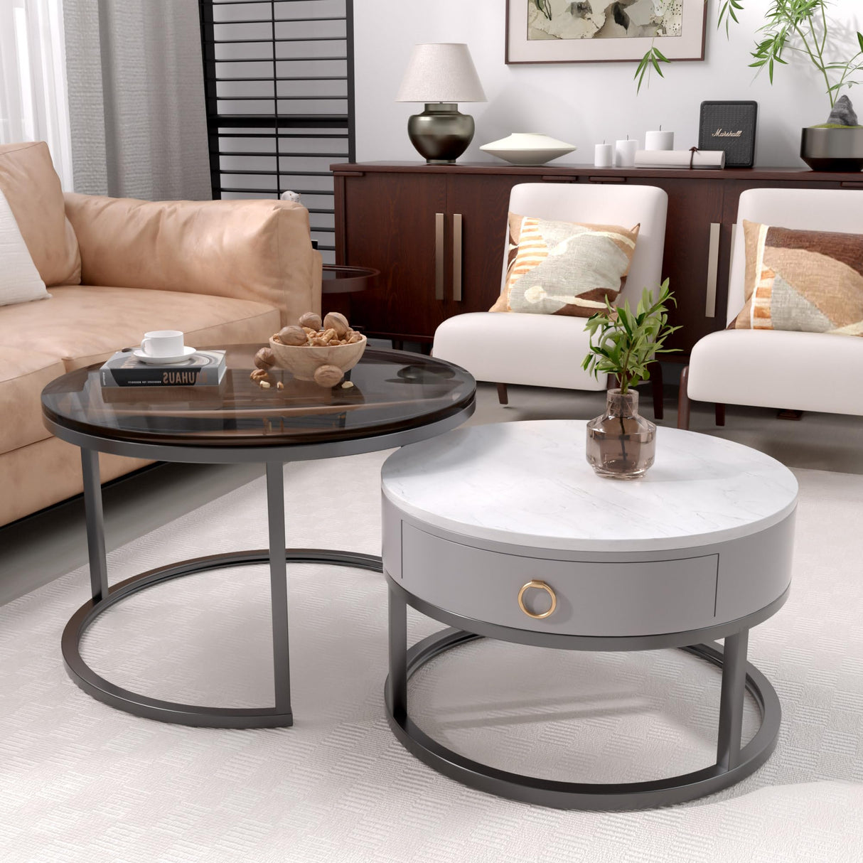 Jerry & Maggie Ø 27.5" Modern Nesting Coffee Table Set of 2, Round Glass Coffee Table & Side Table with Drawer, Tempered Glass & Leather Upholstery, Coffee Tables for Living Room, Small Space Friendly Jerry & Maggie