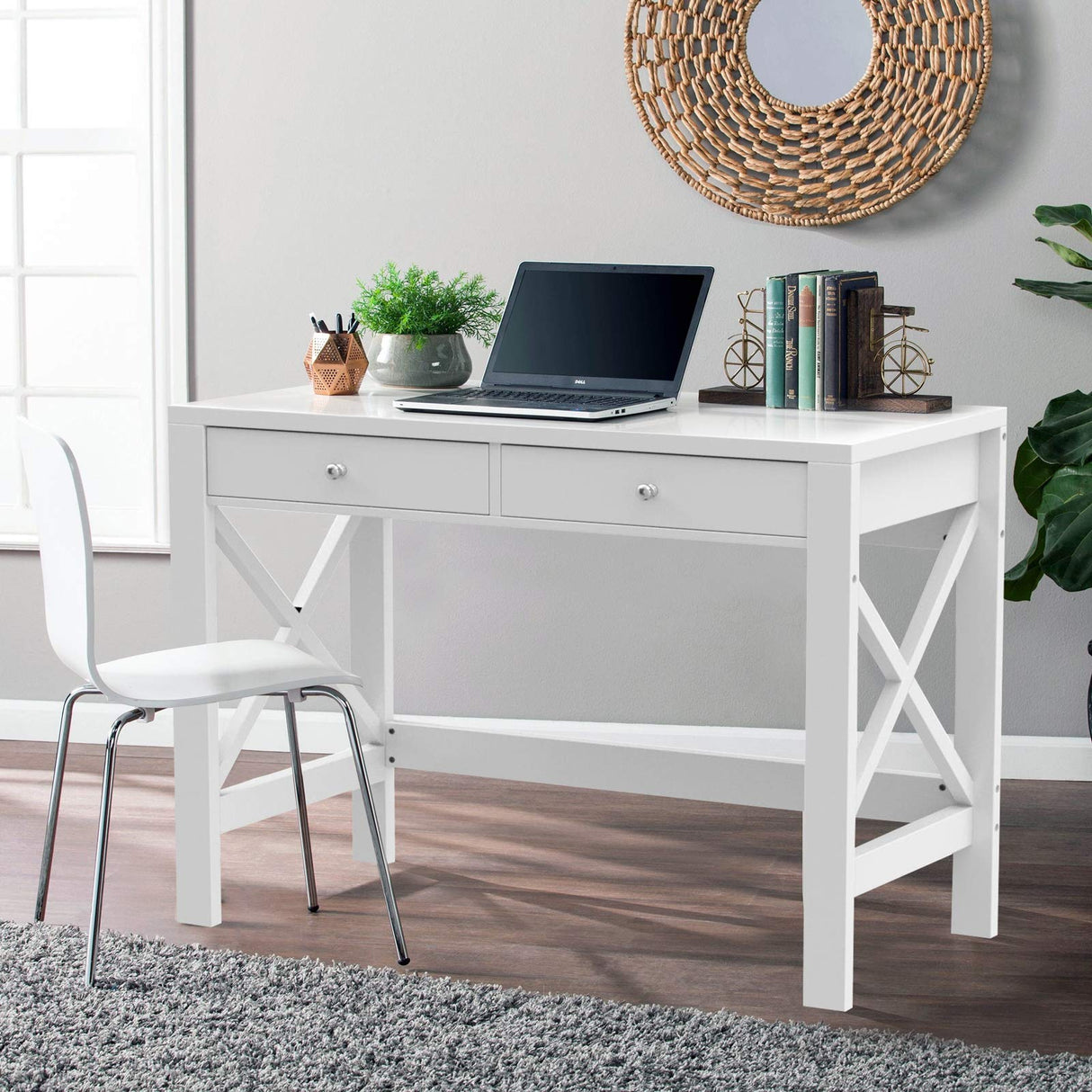 ChooChoo Computer Desk Study for Home Office, Modern Simple 40 Inches White Desk with Drawers, Makeup Vanity Console Table ChooChoo