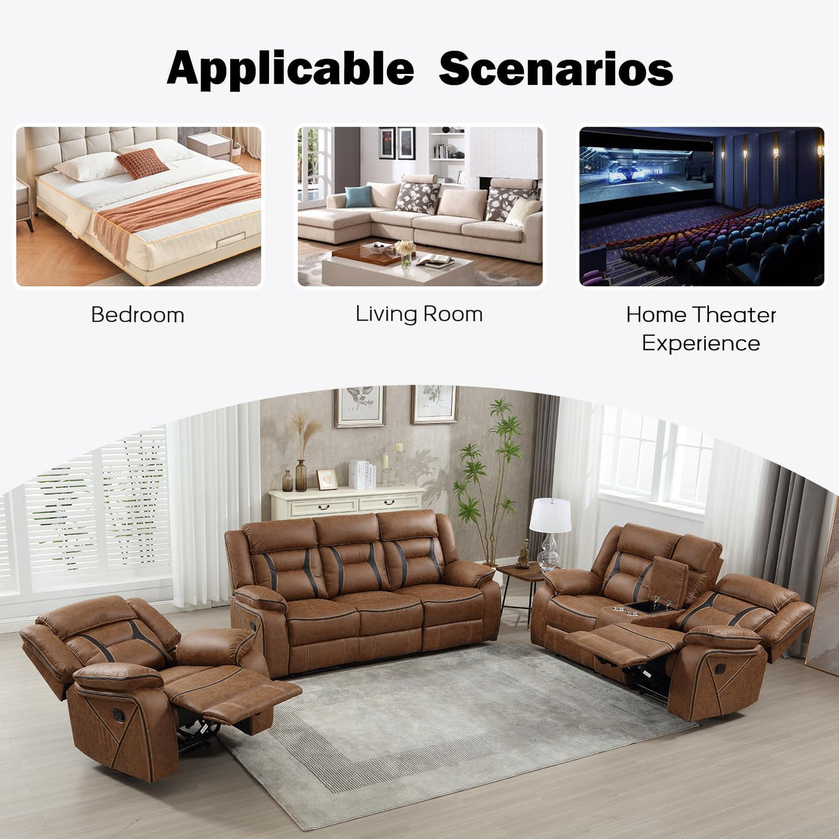 EBELLO Faux Leather Recliner Sofa Furniture Set for Living Room, Recliner Chair, Manual Loveseat, 3 Seat Recliniing Sofa Couch Set for Meeting Room, Brown (Recliner+Loveseat+Sofa) EBELLO